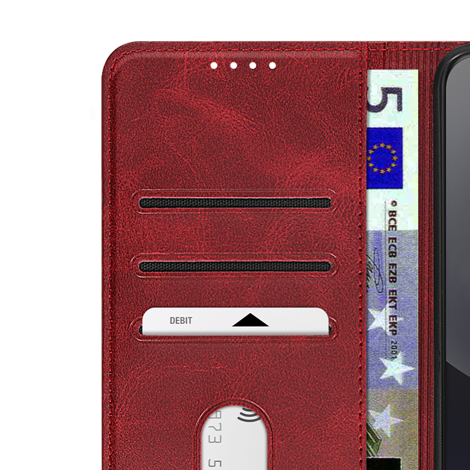Portafoglio rosso con slot per carte, banconote e carta di debito.