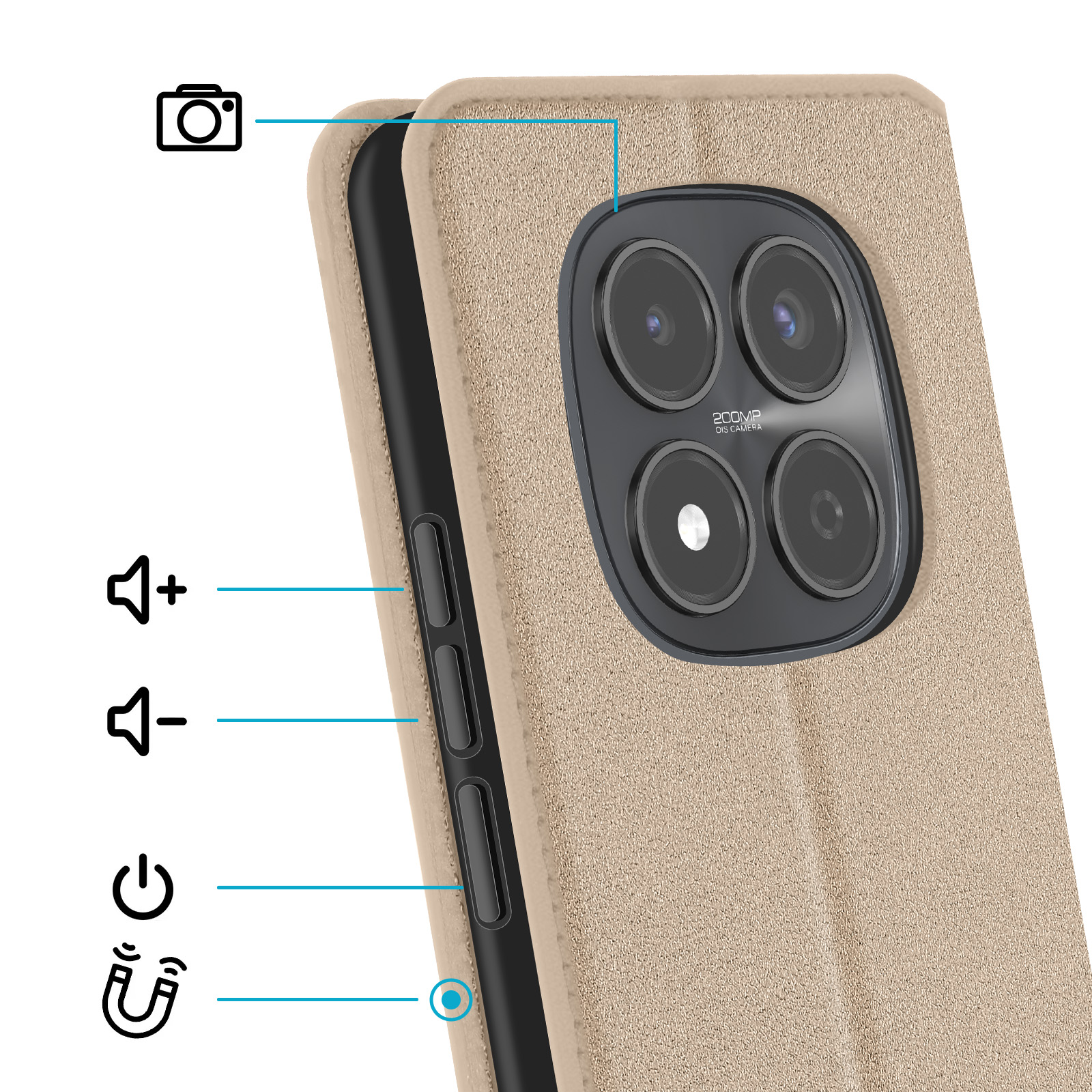 Ein beige Handyhülle mit Kamera, Lautstärketasten und Power-Button.