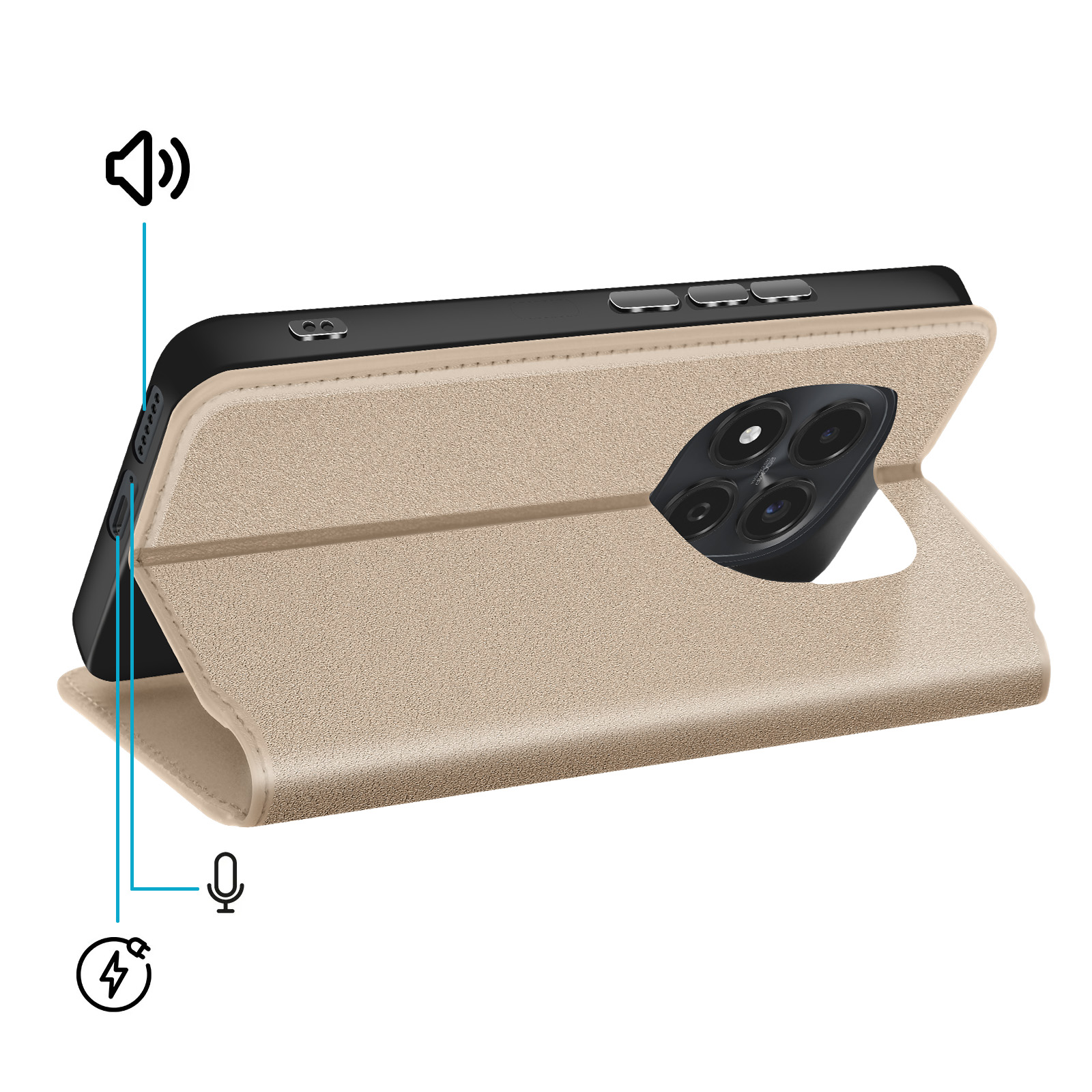 Ein beiges Handy-Flipcase, das eine Kamera und Tasten zeigt.