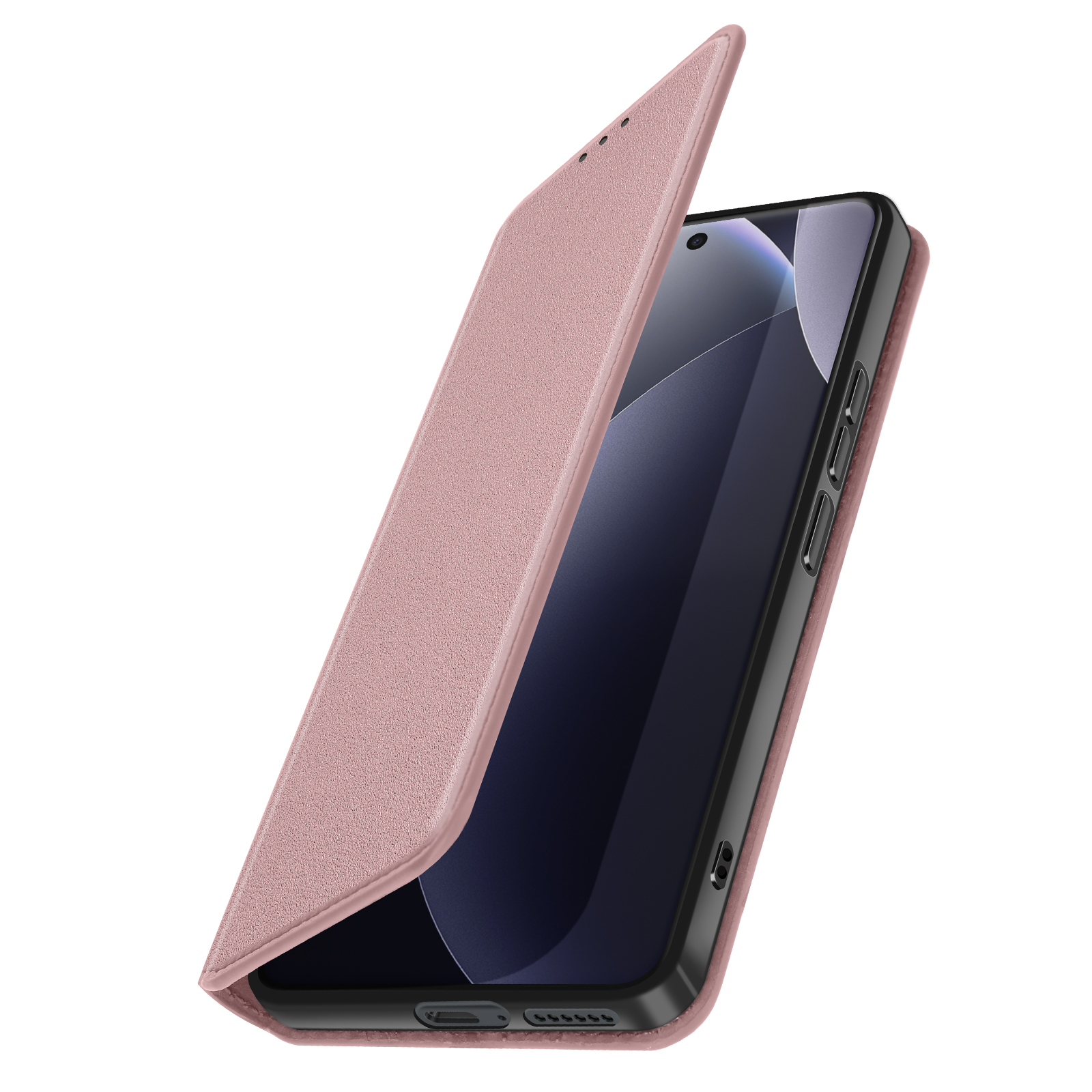 Una custodia a libro rosa è aperta su uno smartphone.