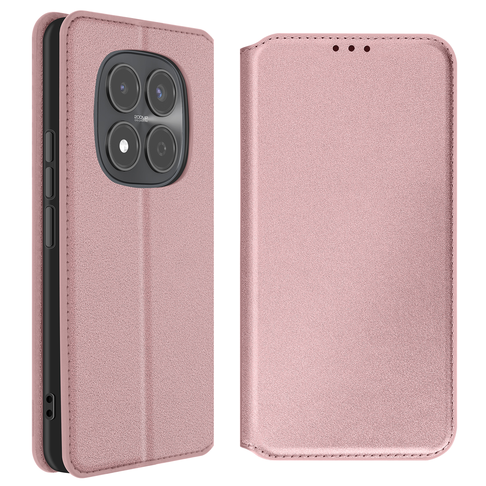 Una custodia rosa per telefono con apertura per fotocamera e pulsanti.