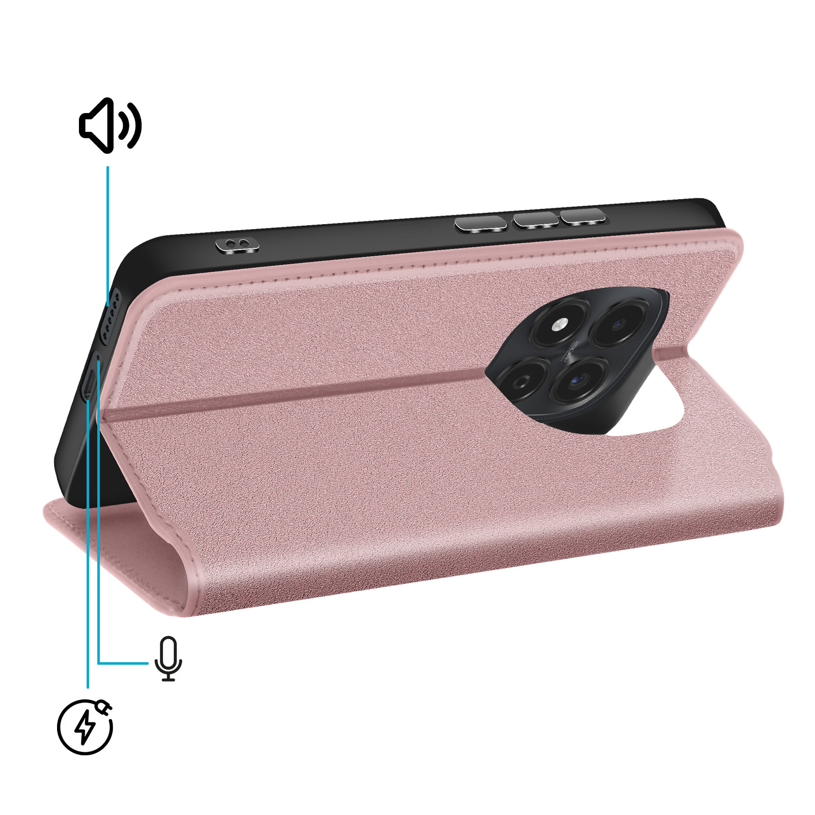 Una cover rosa per telefono con foro per fotocamera e icone per altoparlante, microfono e ricarica.