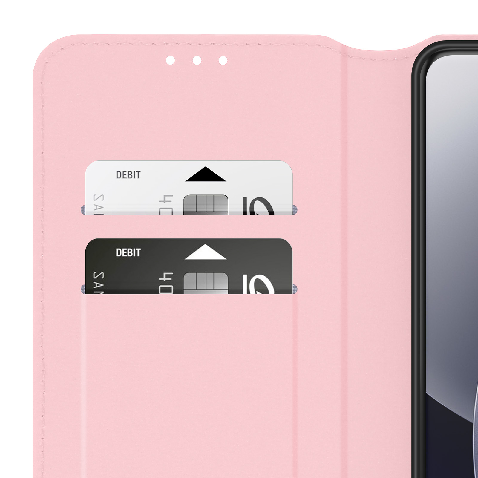 Custodia rosa per telefono con due fessure per carte.