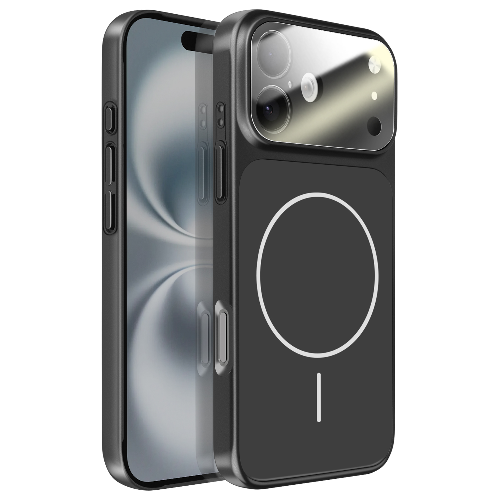 Custodia nera per telefono con ritaglio fotocamera e cerchio di ricarica.