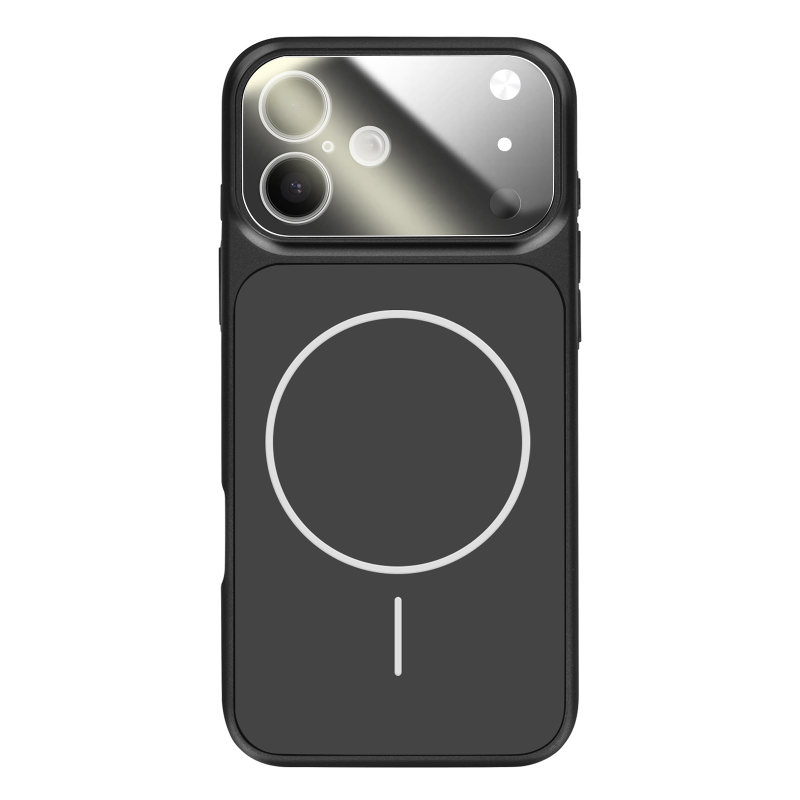 Custodia nera per telefono con obiettivi della fotocamera e motivo circolare.