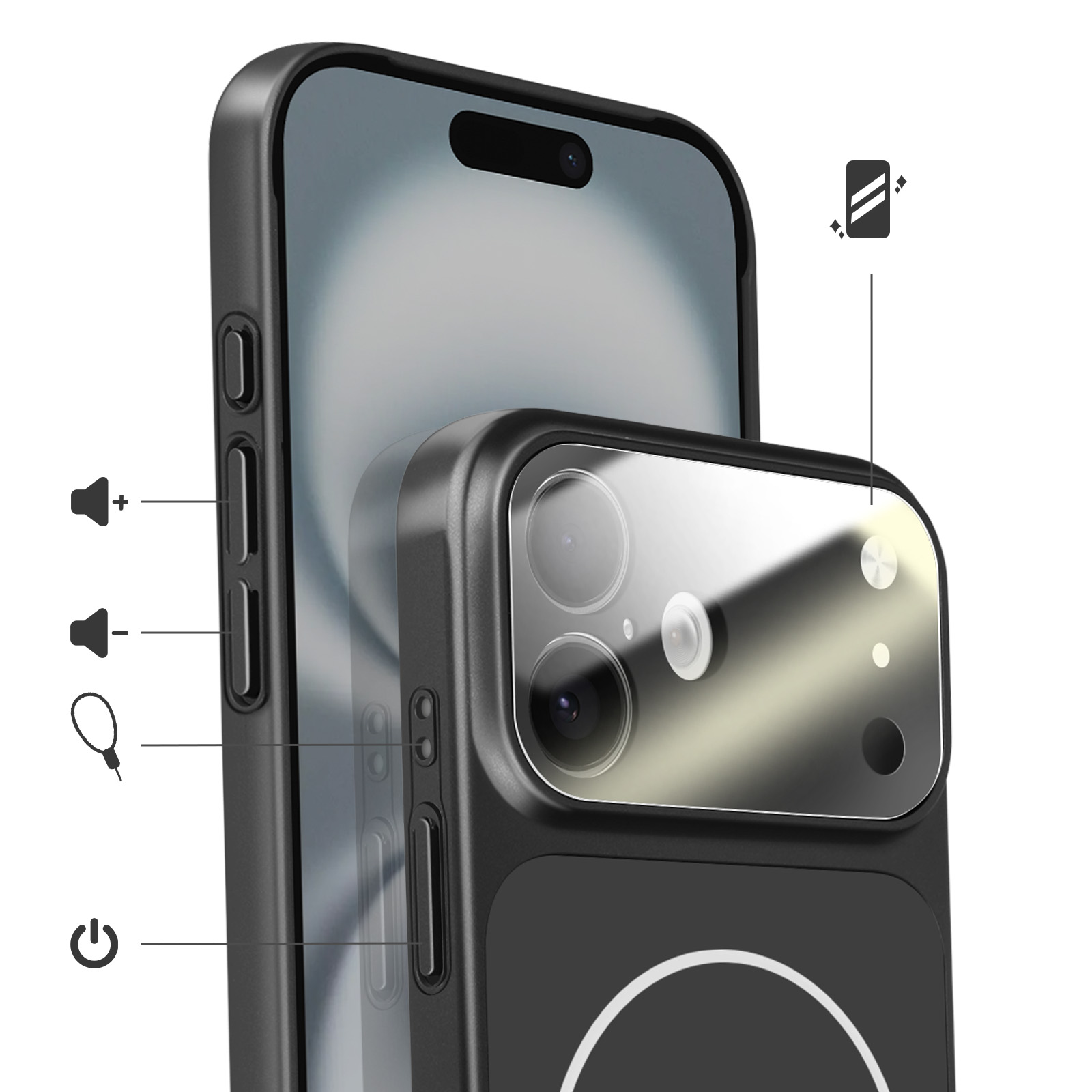Primo piano di una custodia nera per telefono con obiettivi e pulsanti.