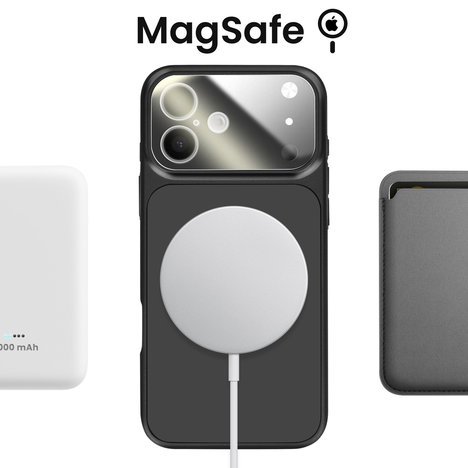 Un cavo di ricarica bianco, un telefono nero con caricatore MagSafe e un portafoglio grigio.