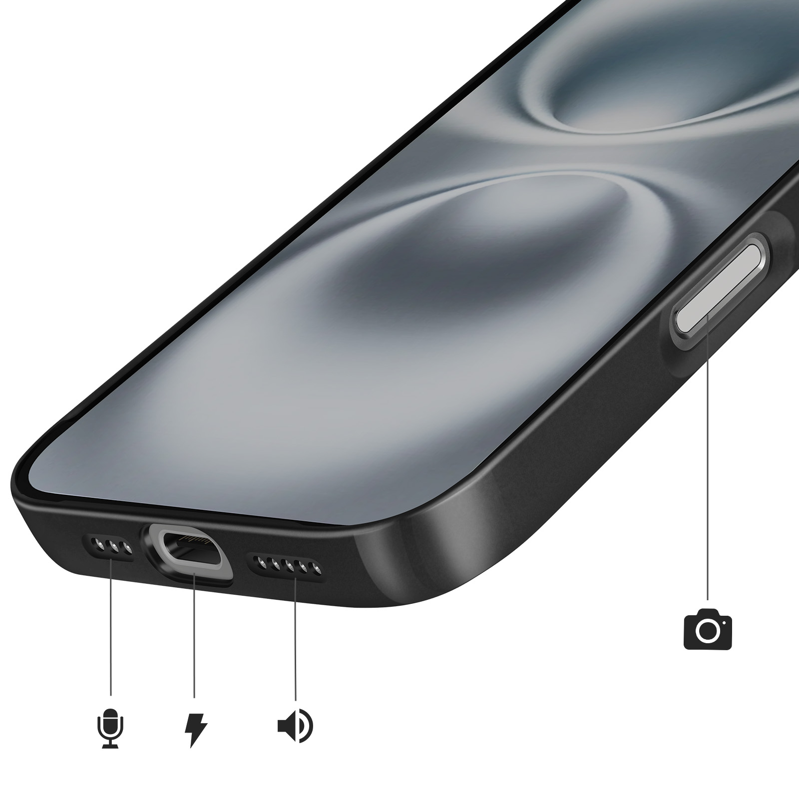 Smartphone nero che mostra le porte: microfono, ricarica, altoparlante e icona fotocamera.