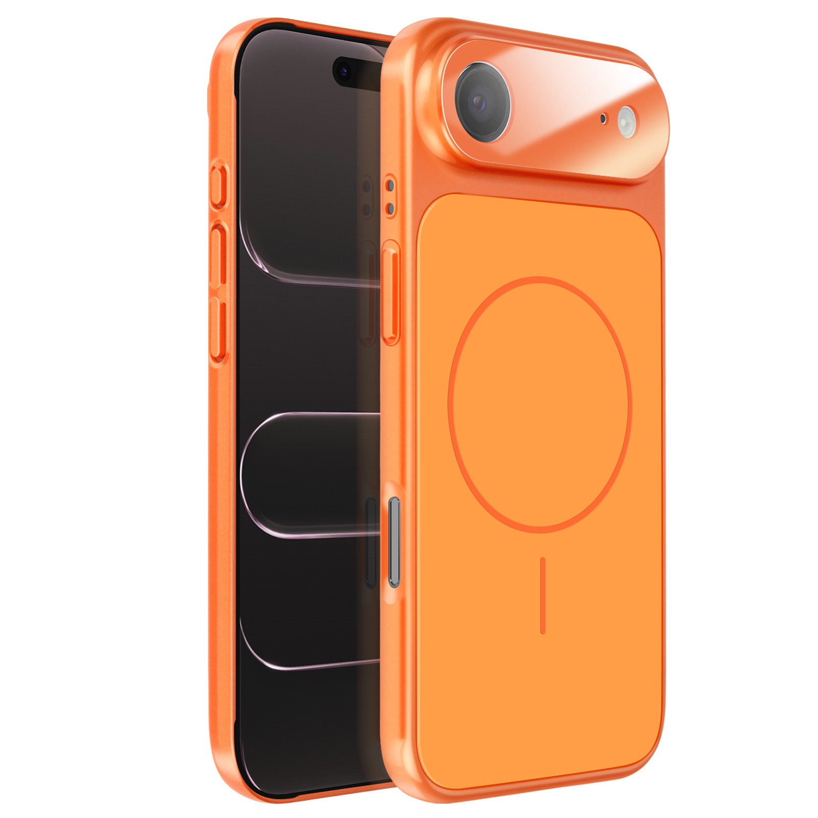 Coque de téléphone orange avec zone caméra et cercle magnétique au dos.
