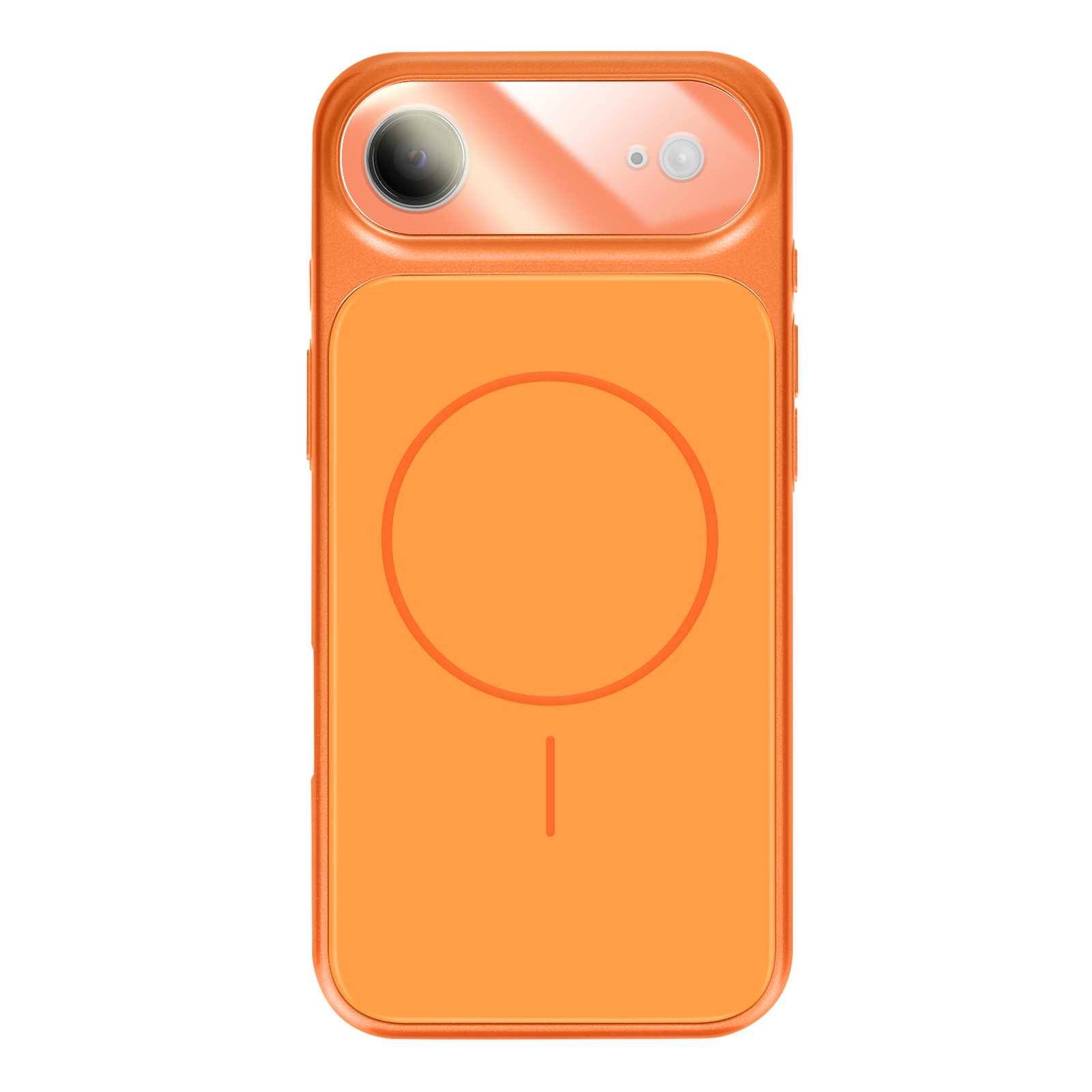 Coque de téléphone orange avec deux caméras et un cercle au dos.