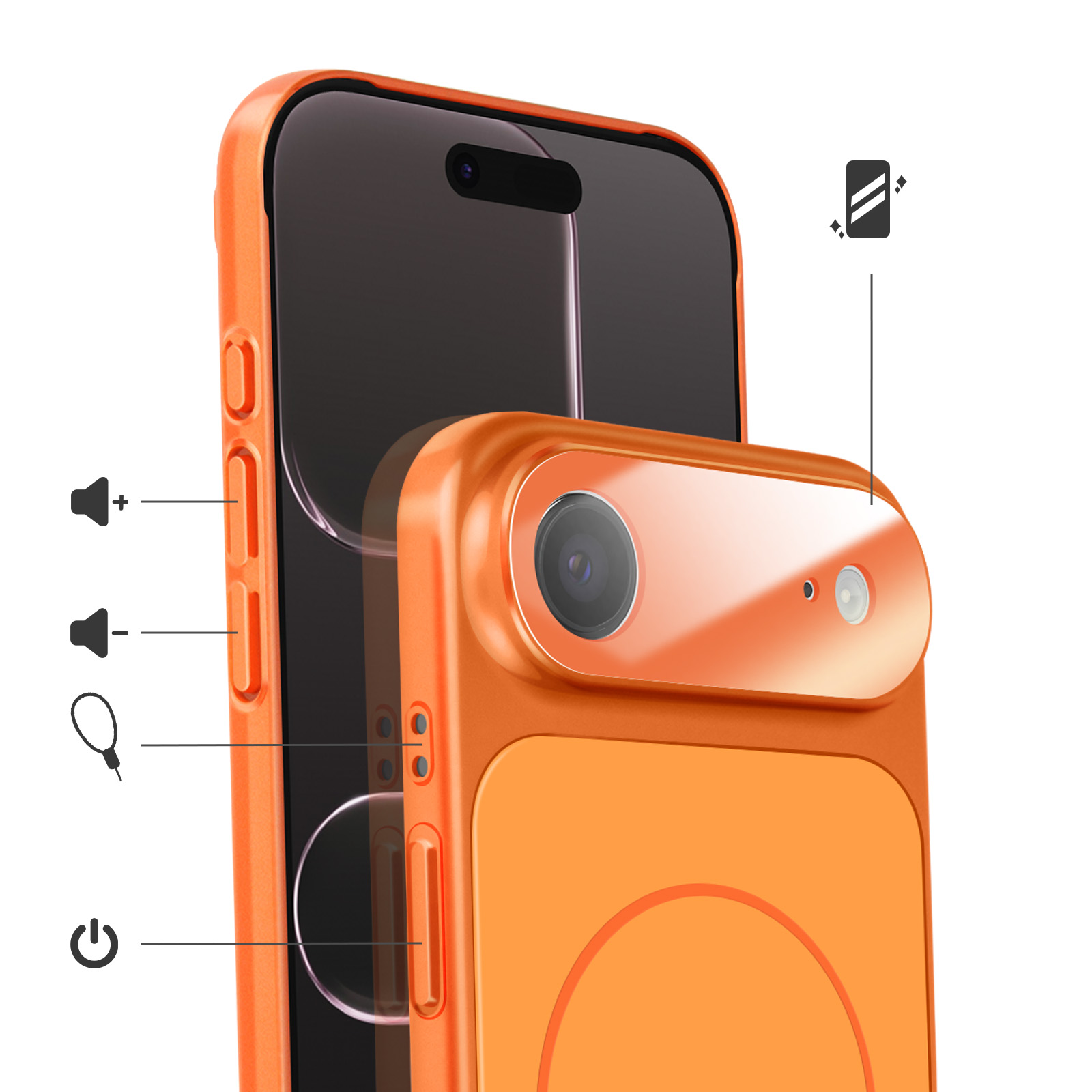 Coque de téléphone orange avec découpe caméra et boutons volume.
