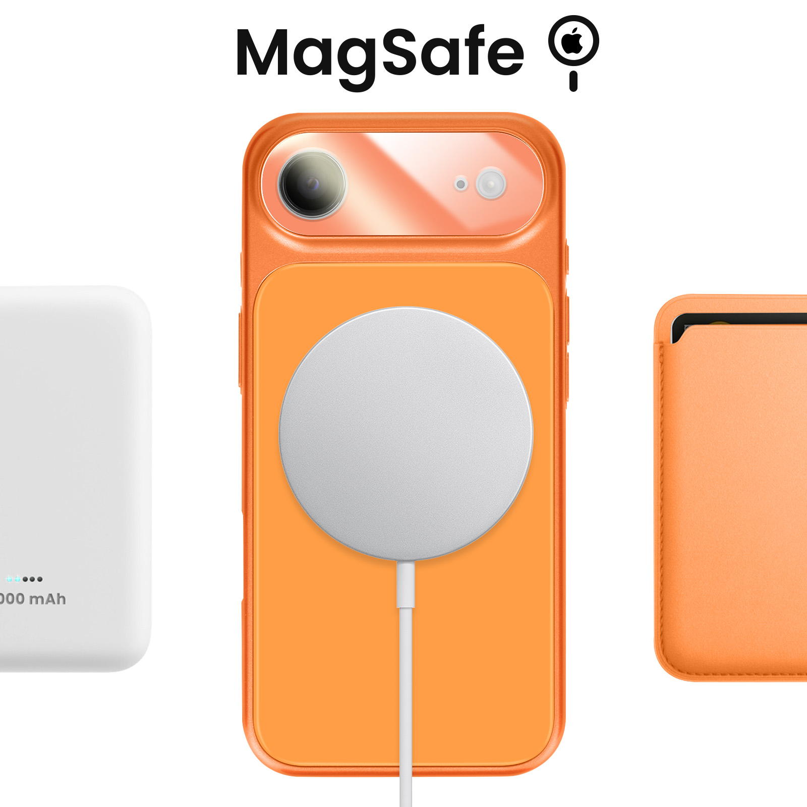 Un iPhone orange avec chargeur MagSafe et batterie blanche.