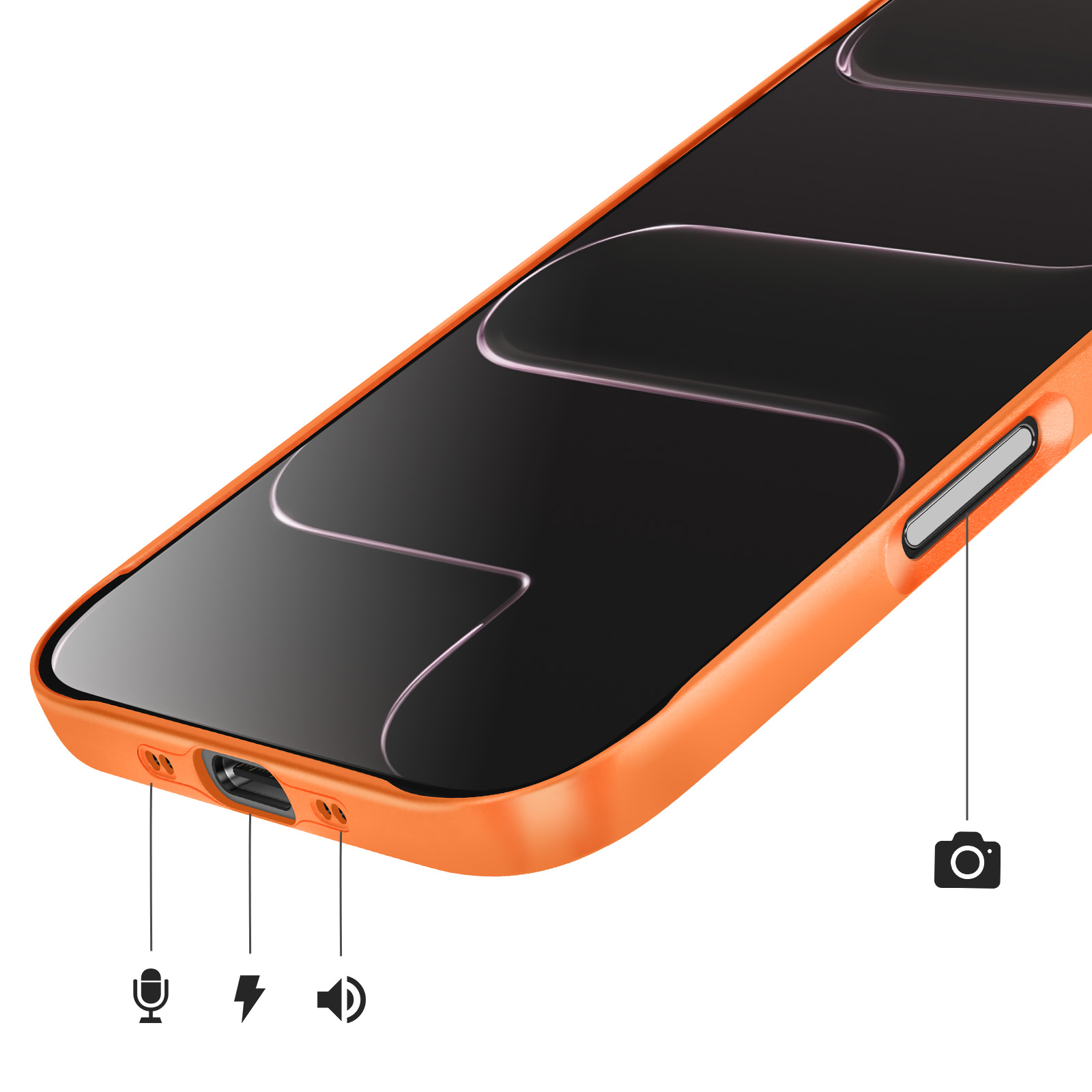 Coque de téléphone orange avec icônes caméra, charge, micro et haut-parleur.