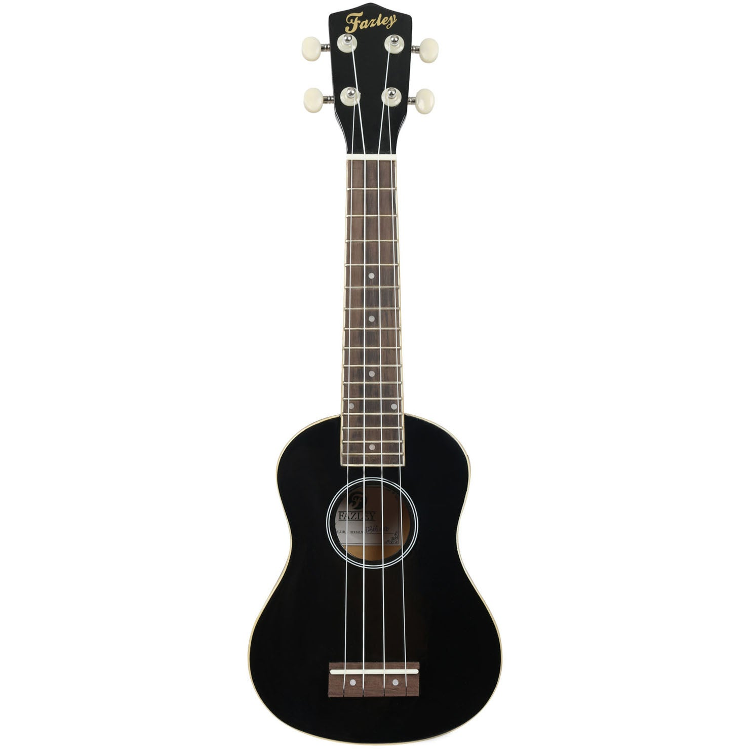 Een zwarte ukulele met vier snaren, een houten toets en zilveren stemknoppen.