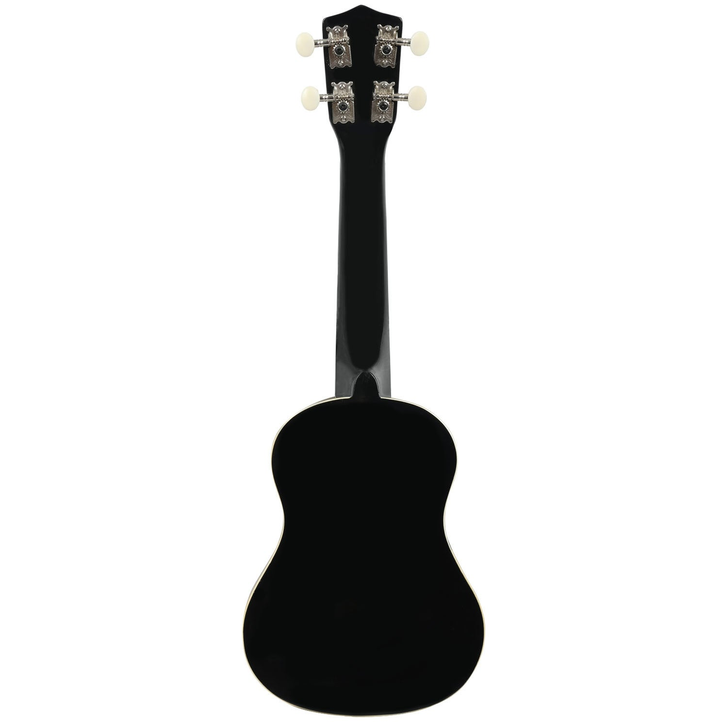 Zwarte ukelele met zilveren stemknoppen en witte knoppen, van achteren gezien.