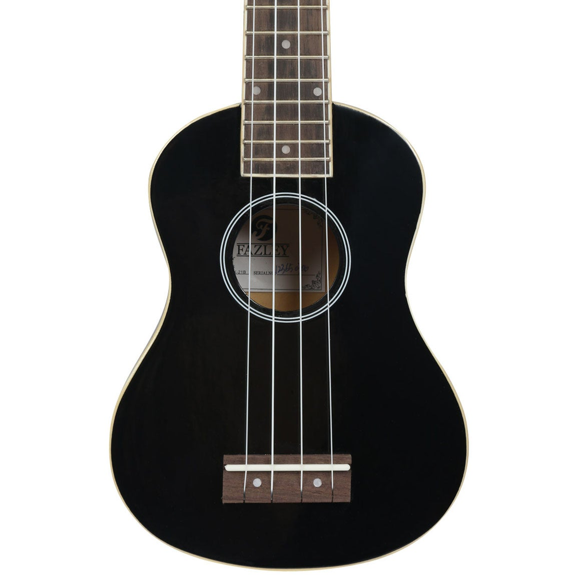 Zwarte ukulele met snaren en toets, close-up.