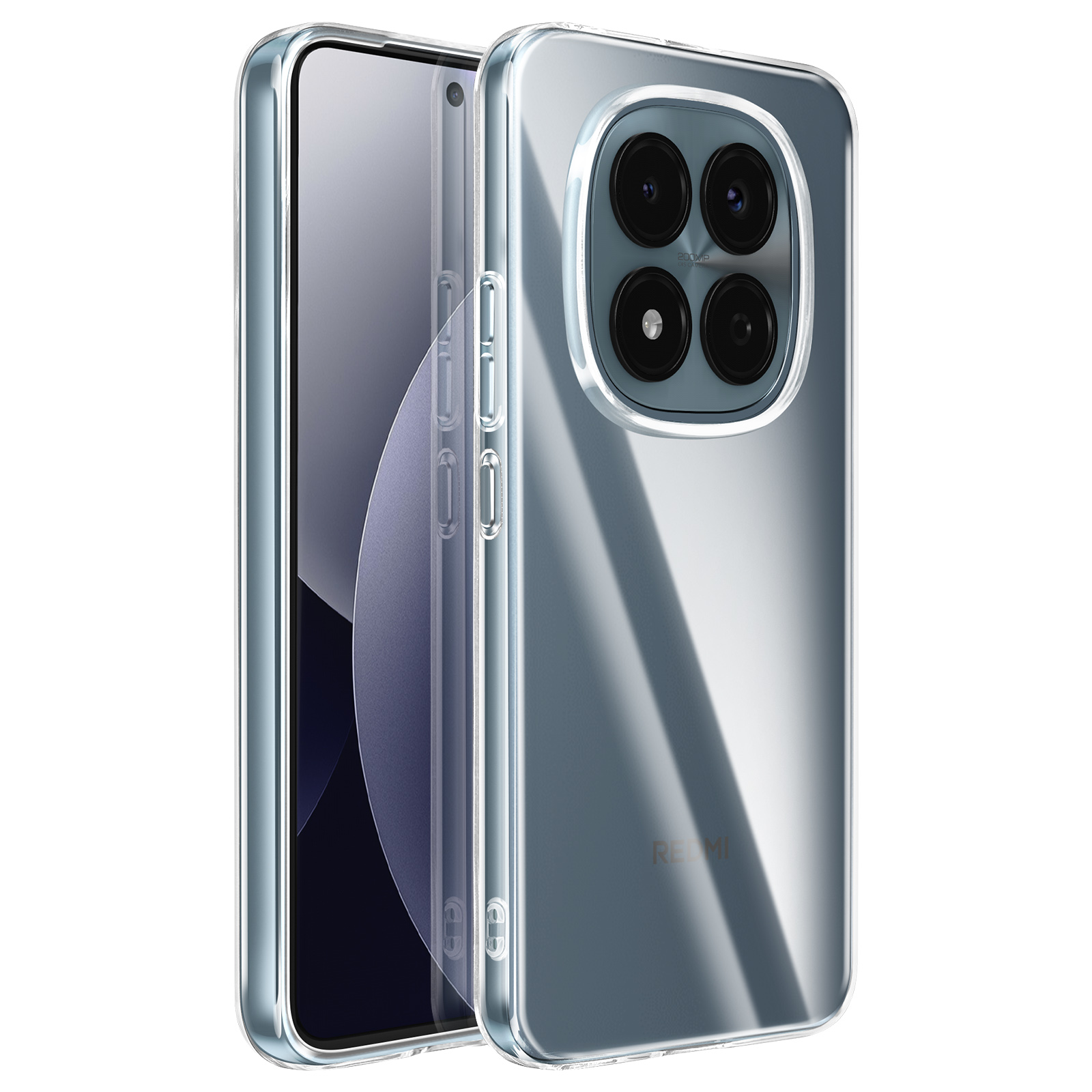 Une coque de téléphone transparente avec quatre objectifs photo et le logo REDMI.