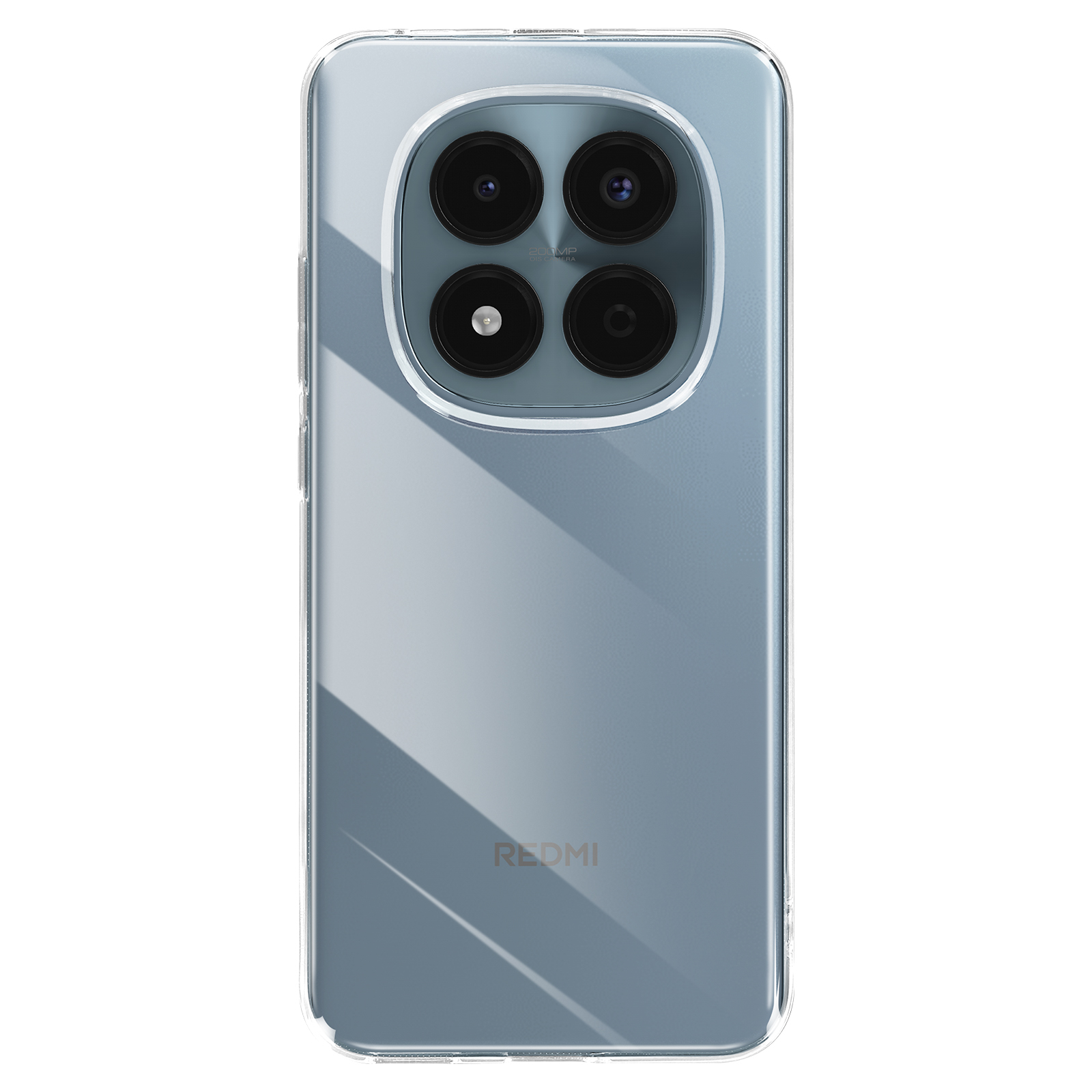 Arrière d'un téléphone transparent avec quatre caméras et logo Redmi.