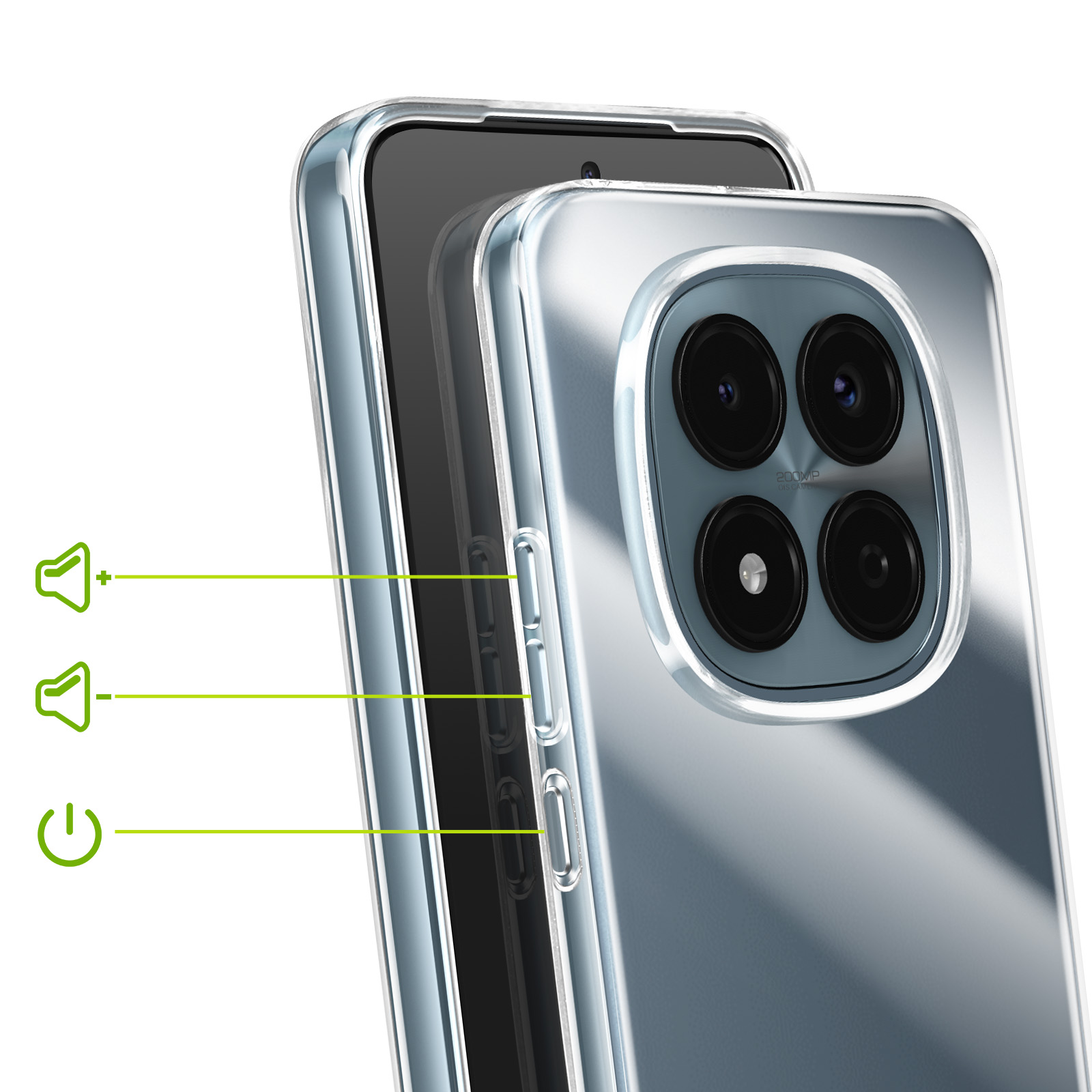 Une coque de téléphone transparente montre l'arrière d'un téléphone avec quatre caméras.