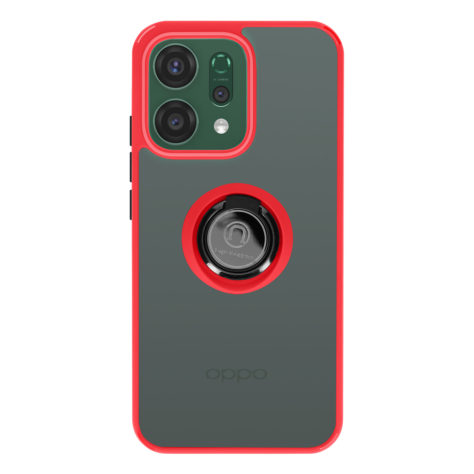Un telefono grigio scuro con cornice rossa, tripla fotocamera e anello.