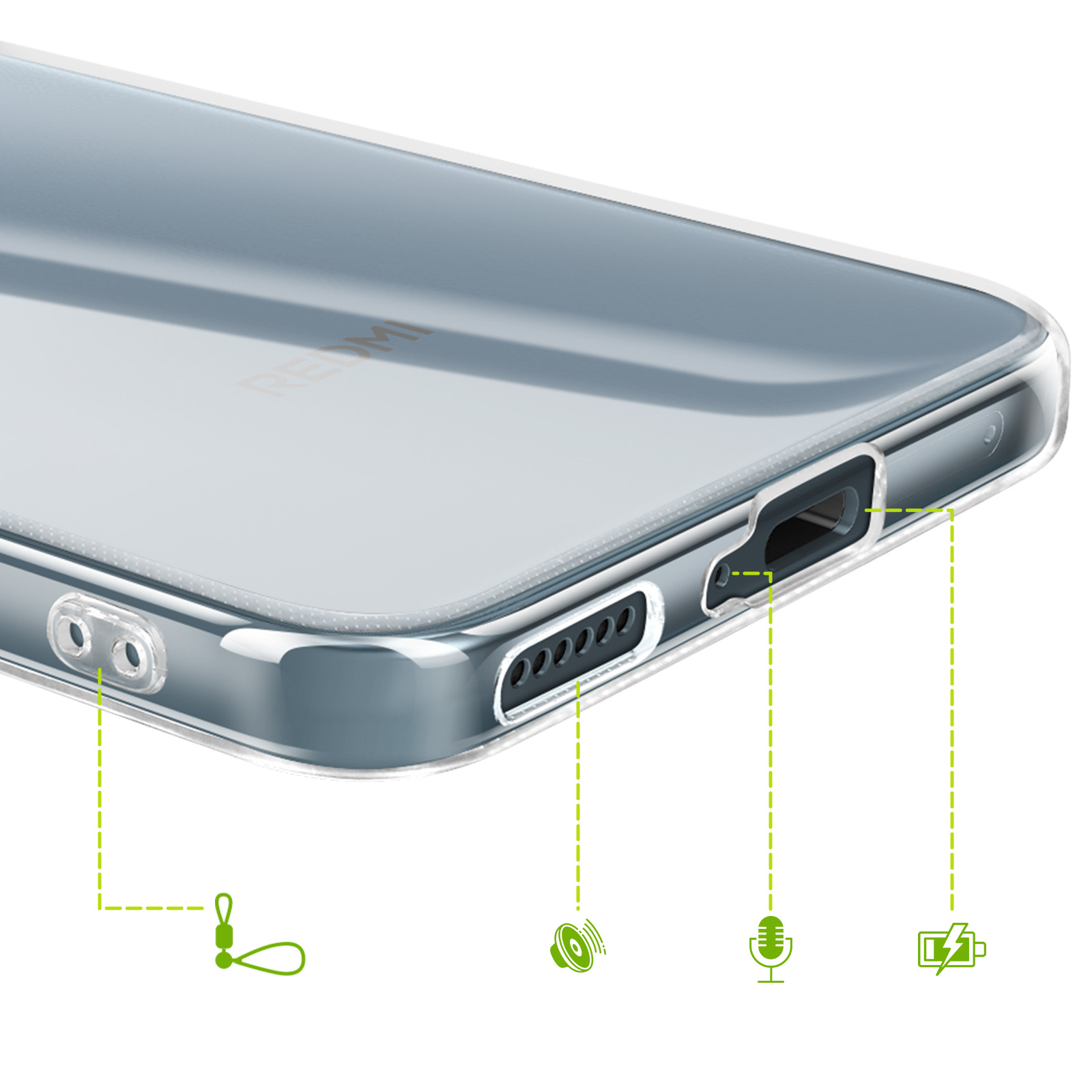Coque de téléphone transparente montrant les ports : lanière, haut-parleurs, micro, charge.