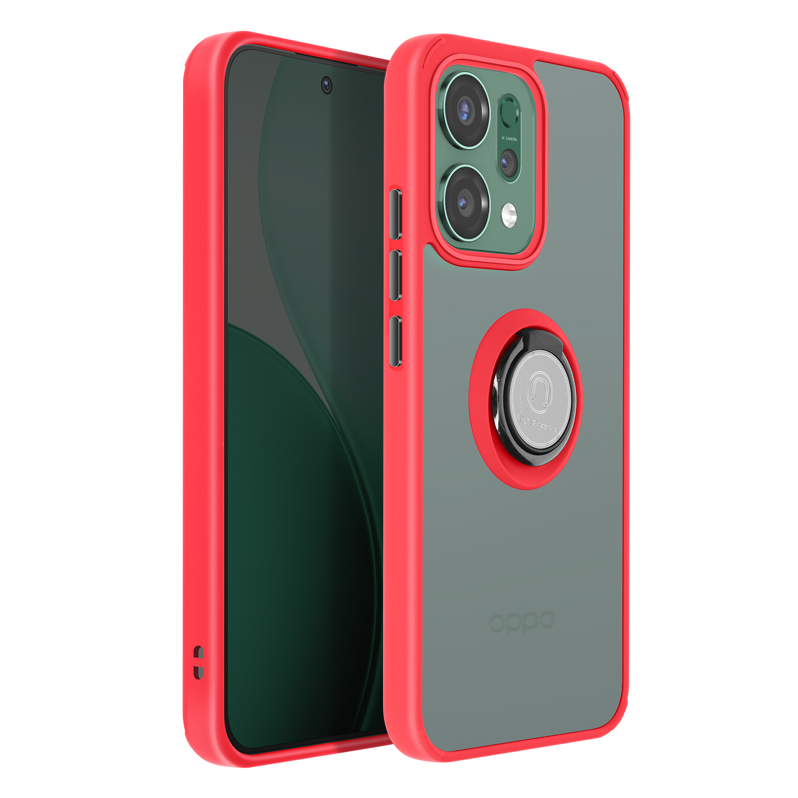 Custodia rossa per telefono con retro trasparente, fotocamera e anello.