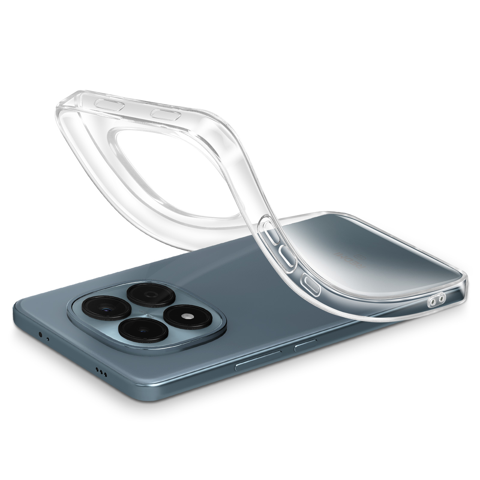 Une coque transparente repose sur un téléphone bleu à quatre caméras.