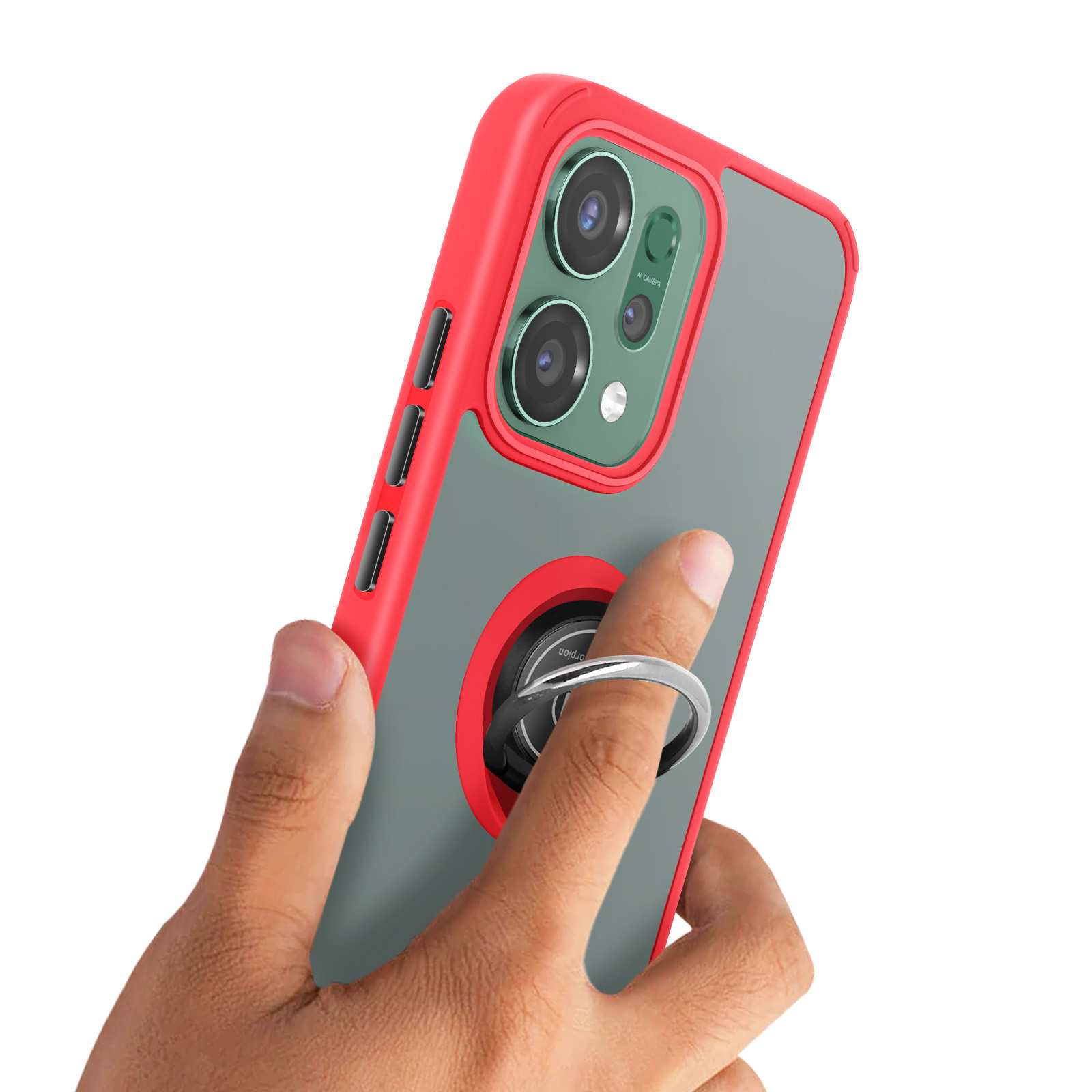 Una mano tiene uno smartphone con cornice rossa e retro grigio, dotato di anello porta.