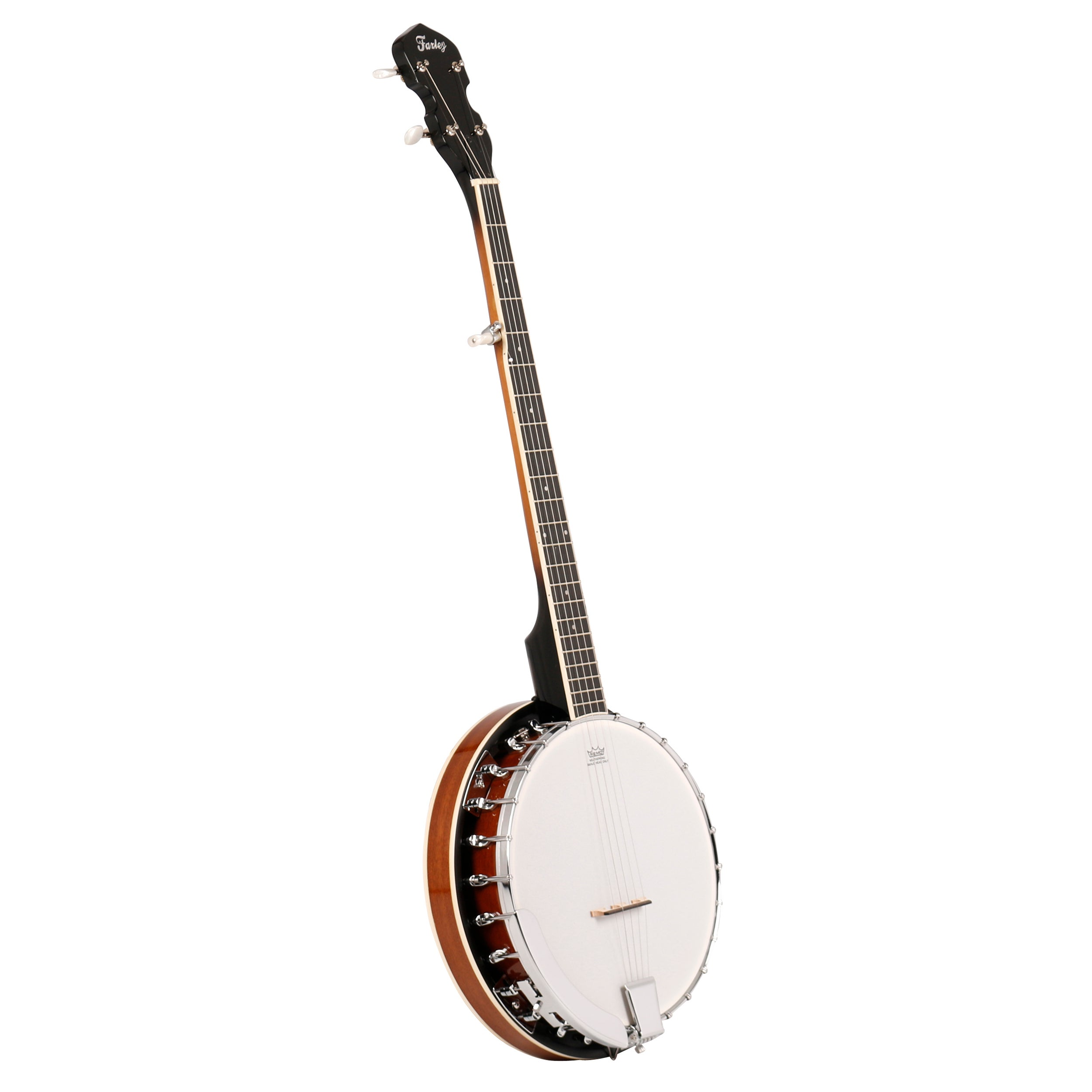 Een banjo met een bruine body en witte kop, geïsoleerd op witte achtergrond.