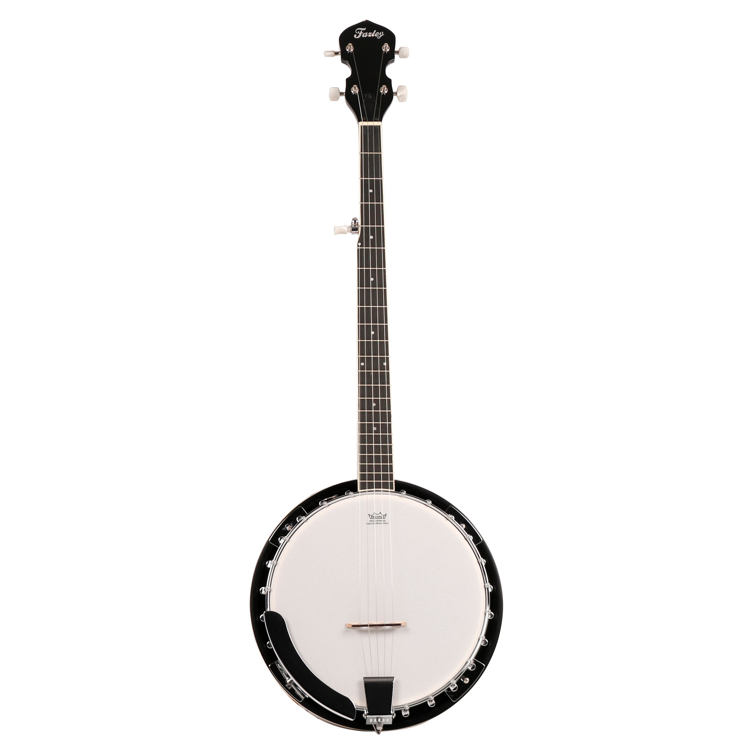 Een zwarte banjo met een witte kop, snaren en stemknoppen.
