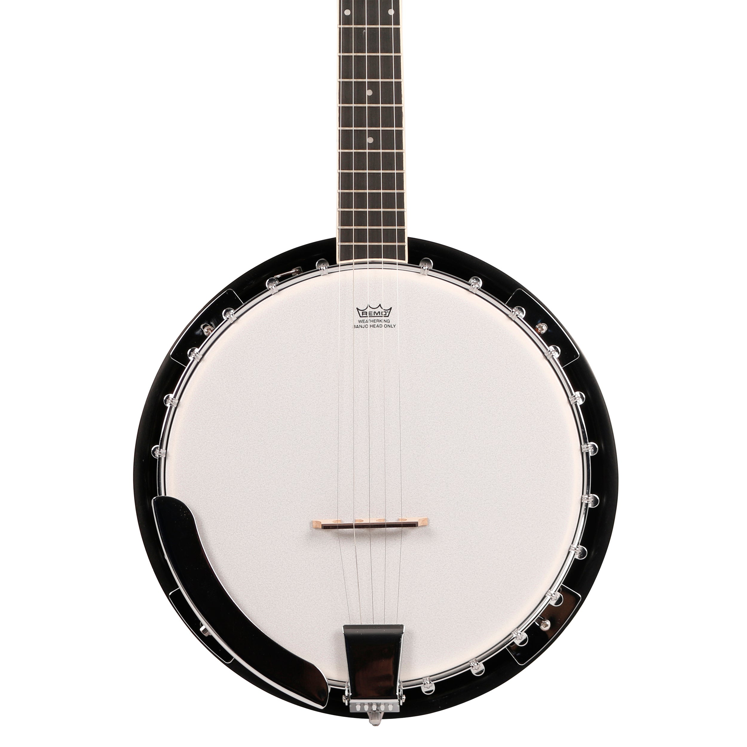Close-up van een banjo met zwarte rand, witte kop en vier snaren.