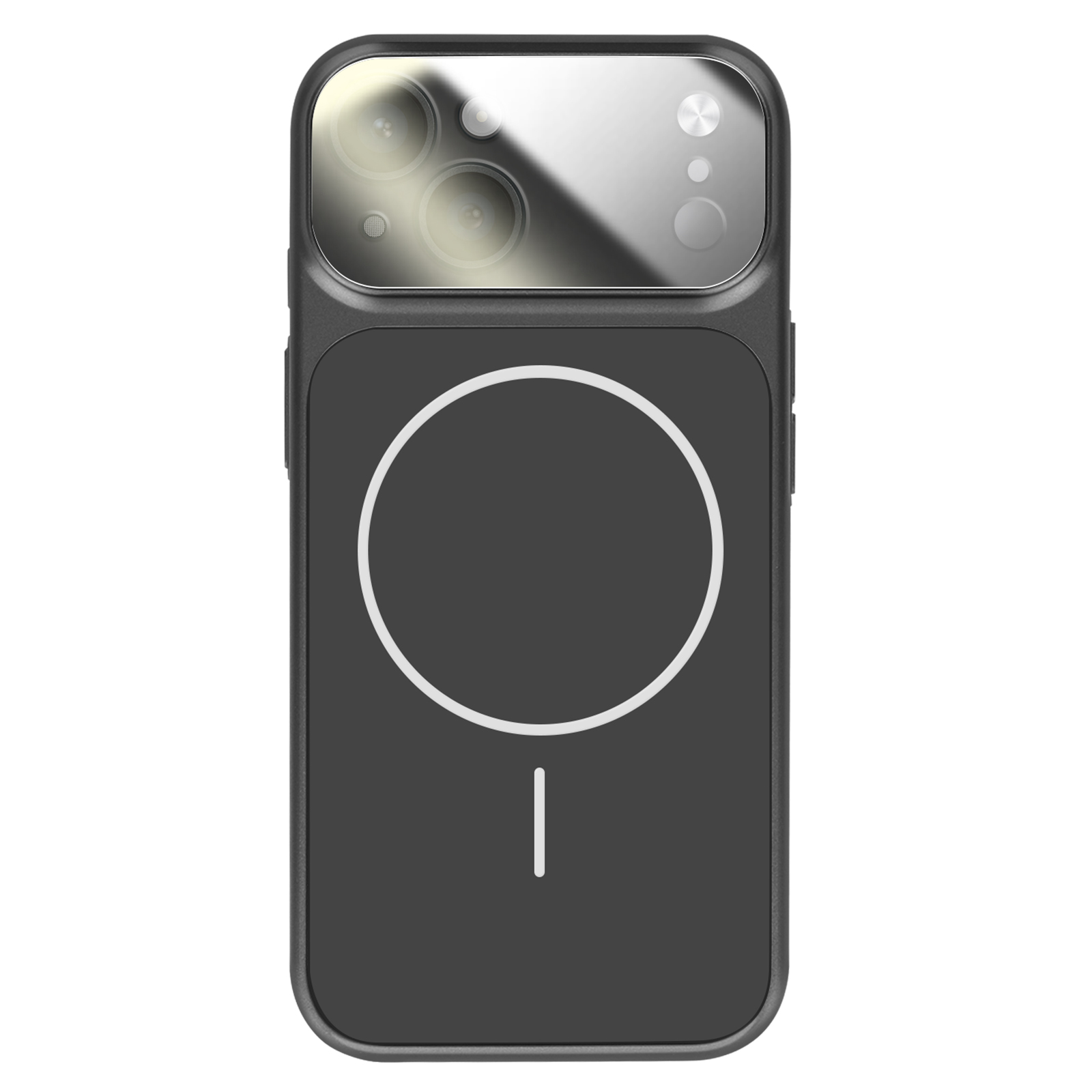 Dark gray phone case with three cameras and a magnetic ring.