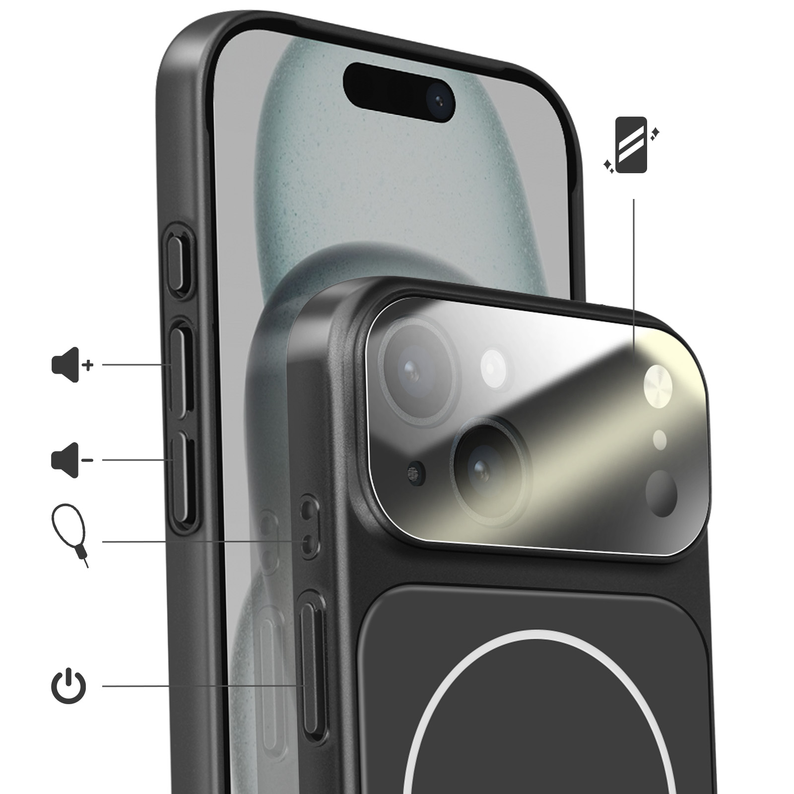 Close-up of a black phone case showing camera lenses and buttons.