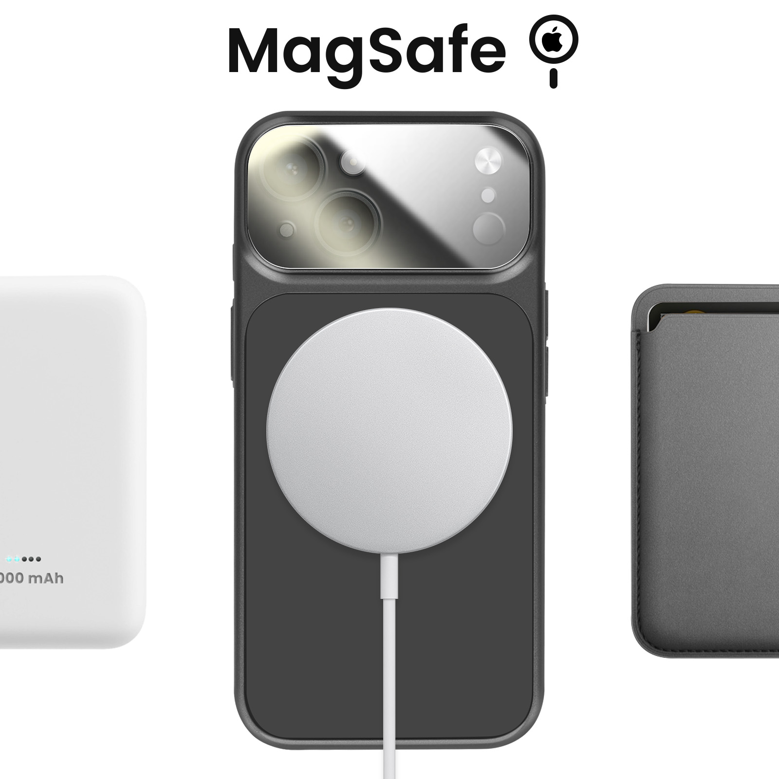 A white power bank, black phone with MagSafe charger, and a gray case.