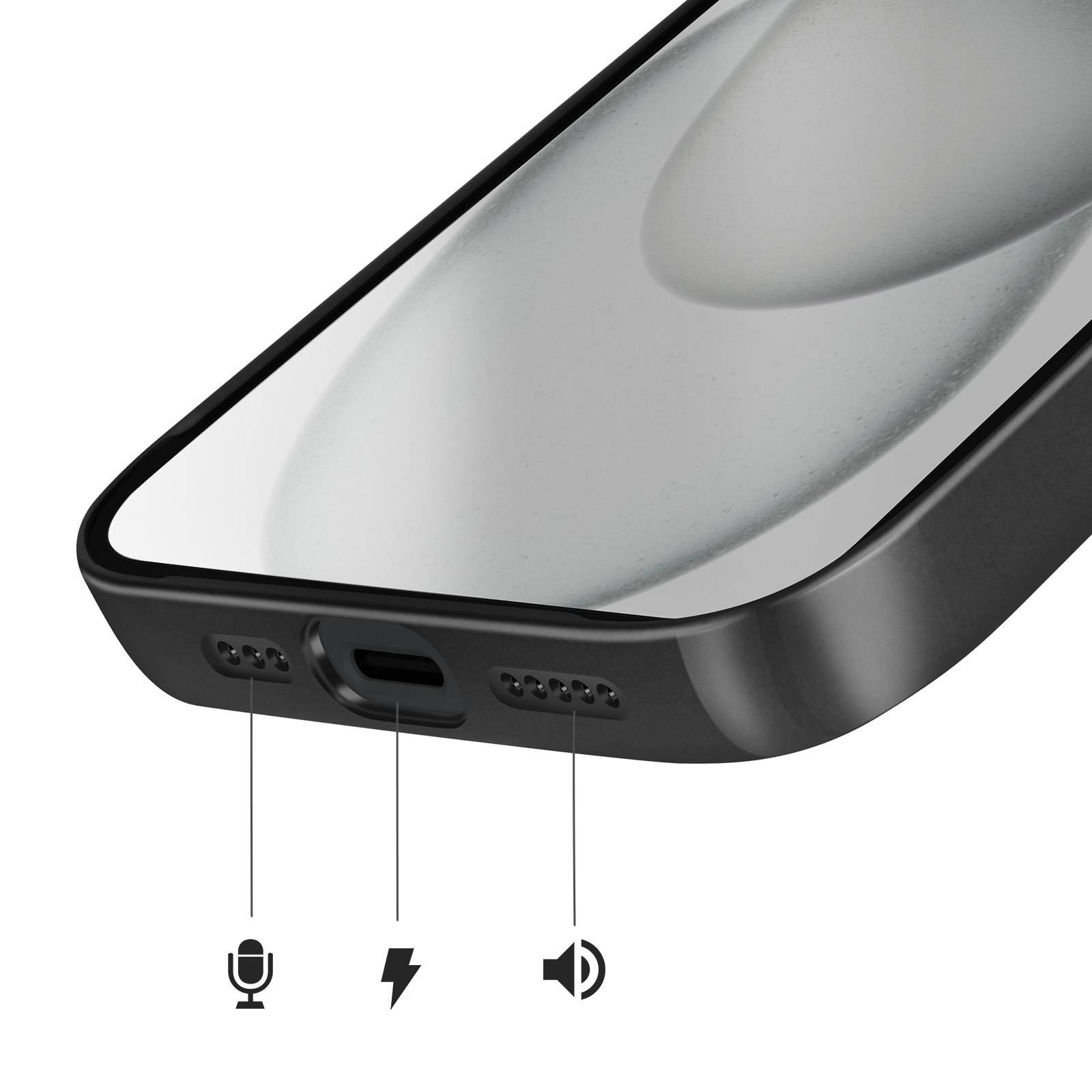 Bottom of a black smartphone with microphone, charging, and speaker icons.
