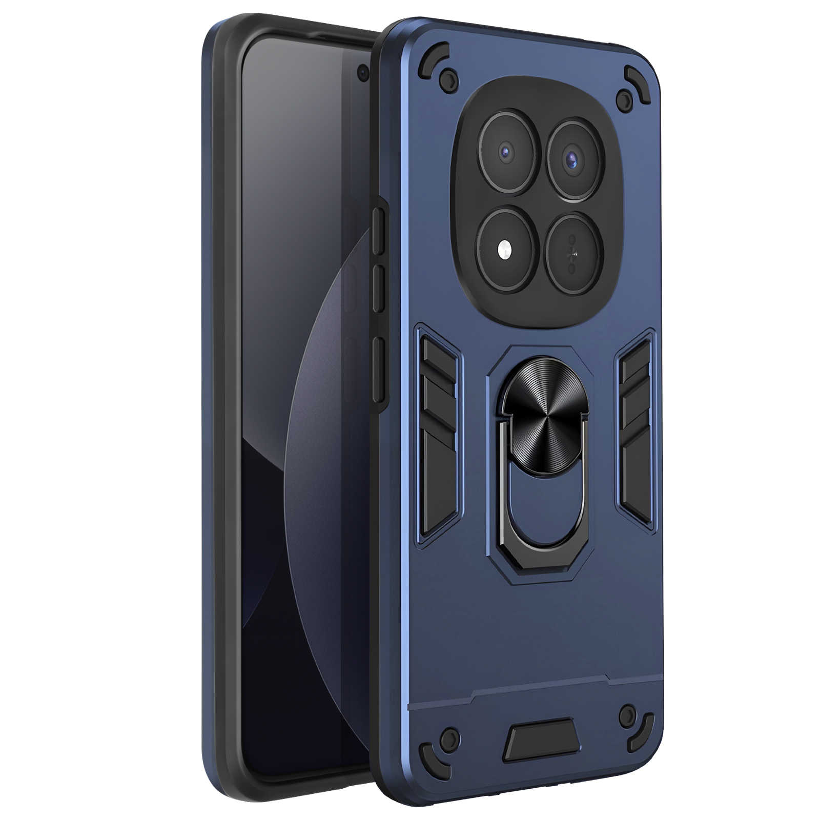 Una custodia blu scuro per telefono con quattro fotocamere e un anello portadita.