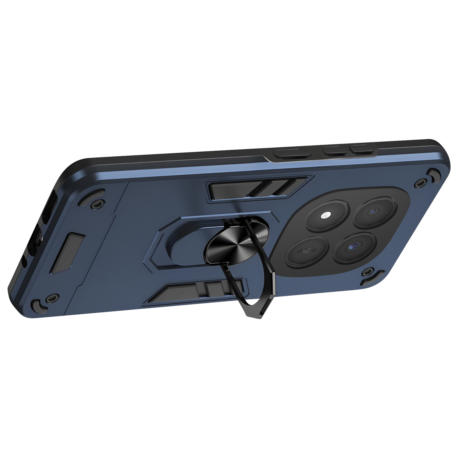 Custodia blu scuro per telefono con anello porta e modulo fotocamera.