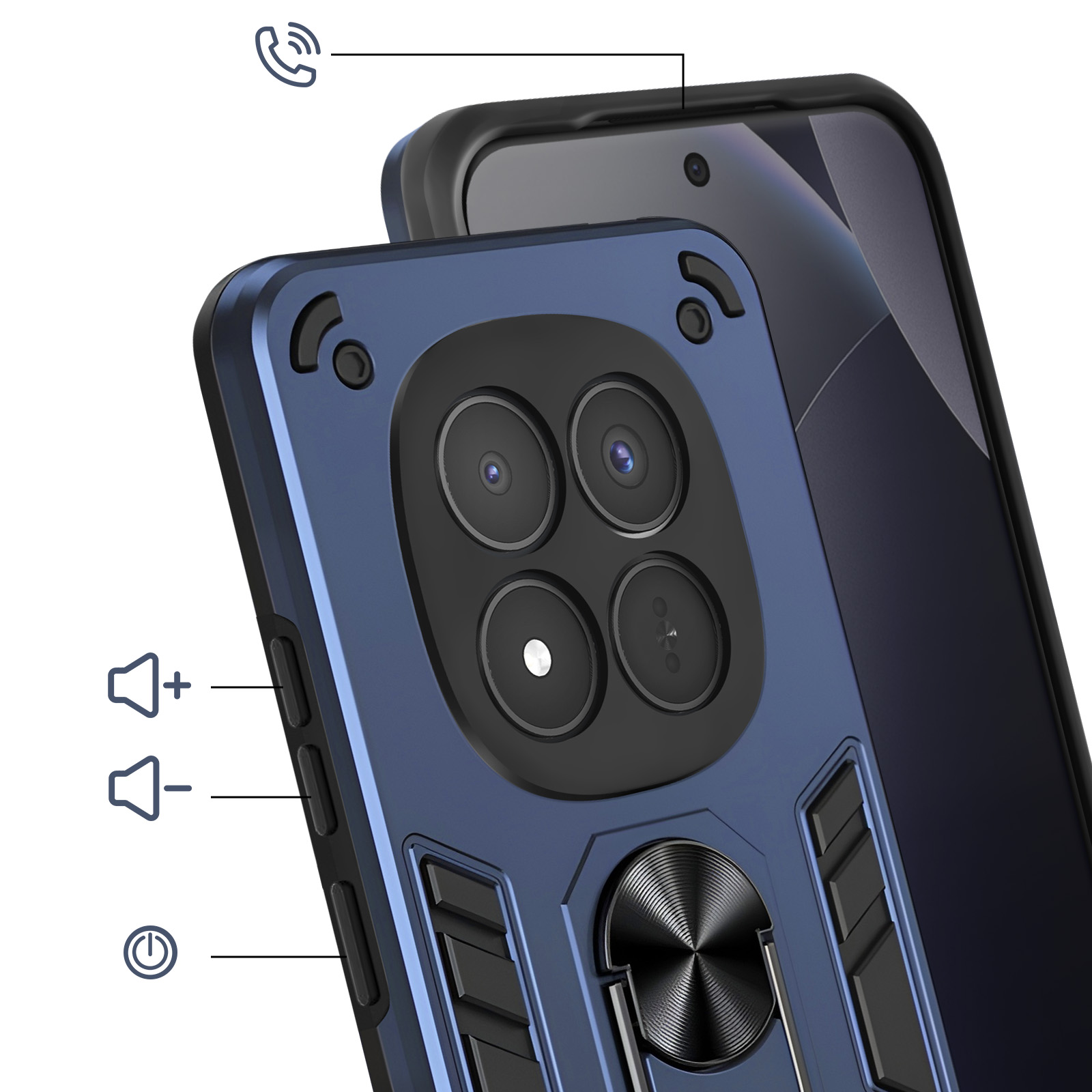 Custodia blu scuro per telefono con quattro fotocamere e anello.