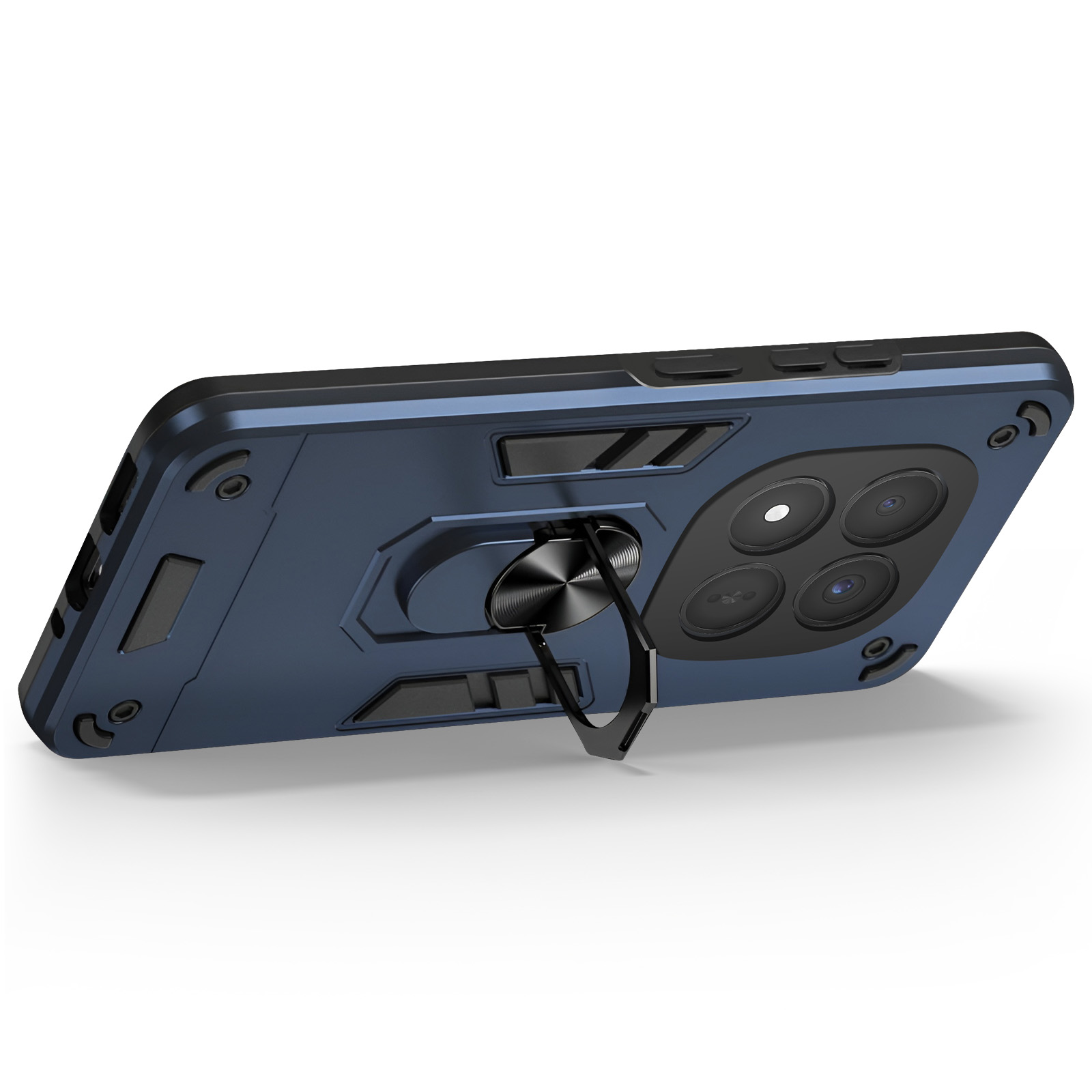 Custodia blu scuro per telefono con anello di supporto integrato e ritaglio fotocamera.
