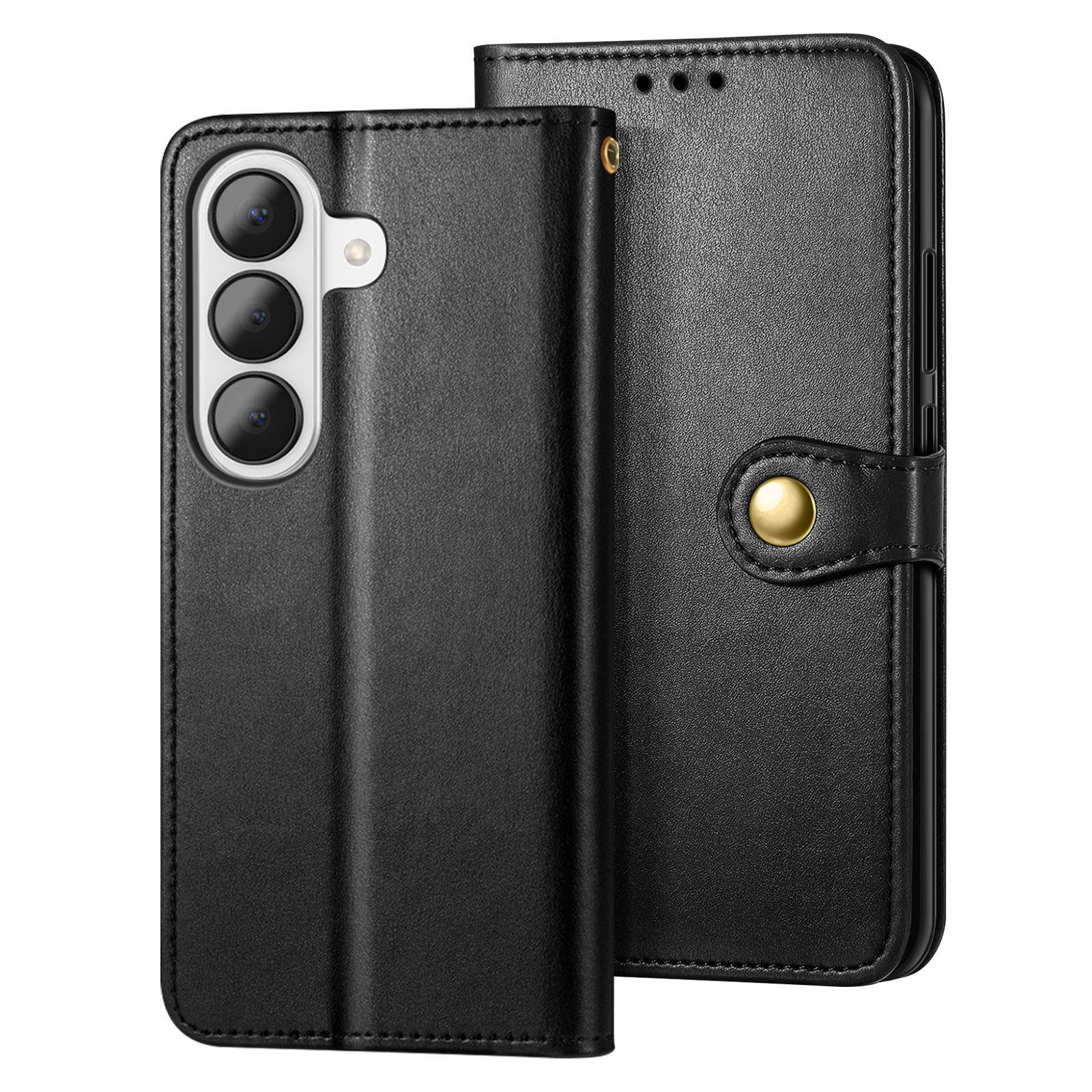 Custodia in pelle nera per telefono con tre fotocamere e bottone dorato.
