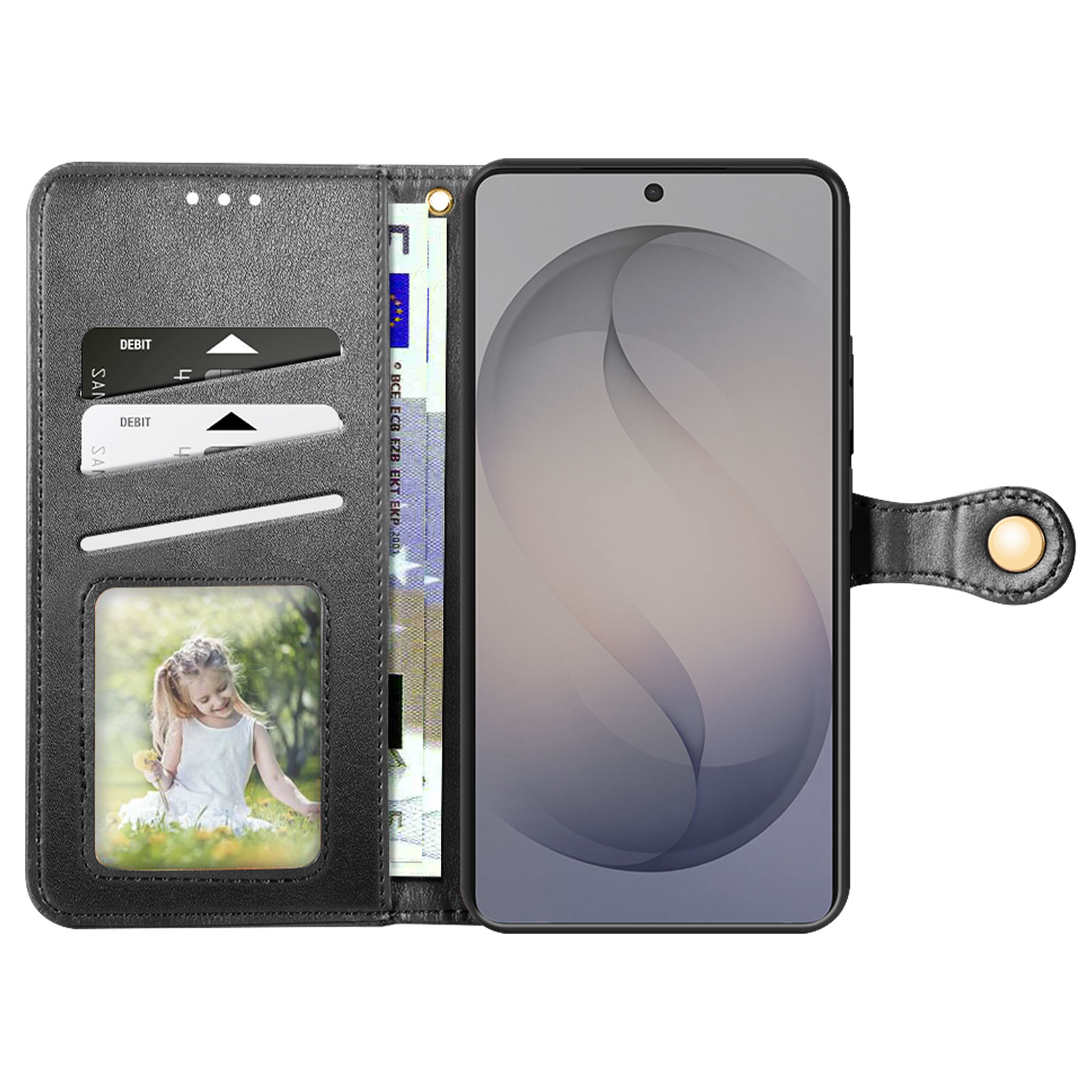 Custodia nera per telefono con slot per carte, scomparto banconote, foto e telefono.
