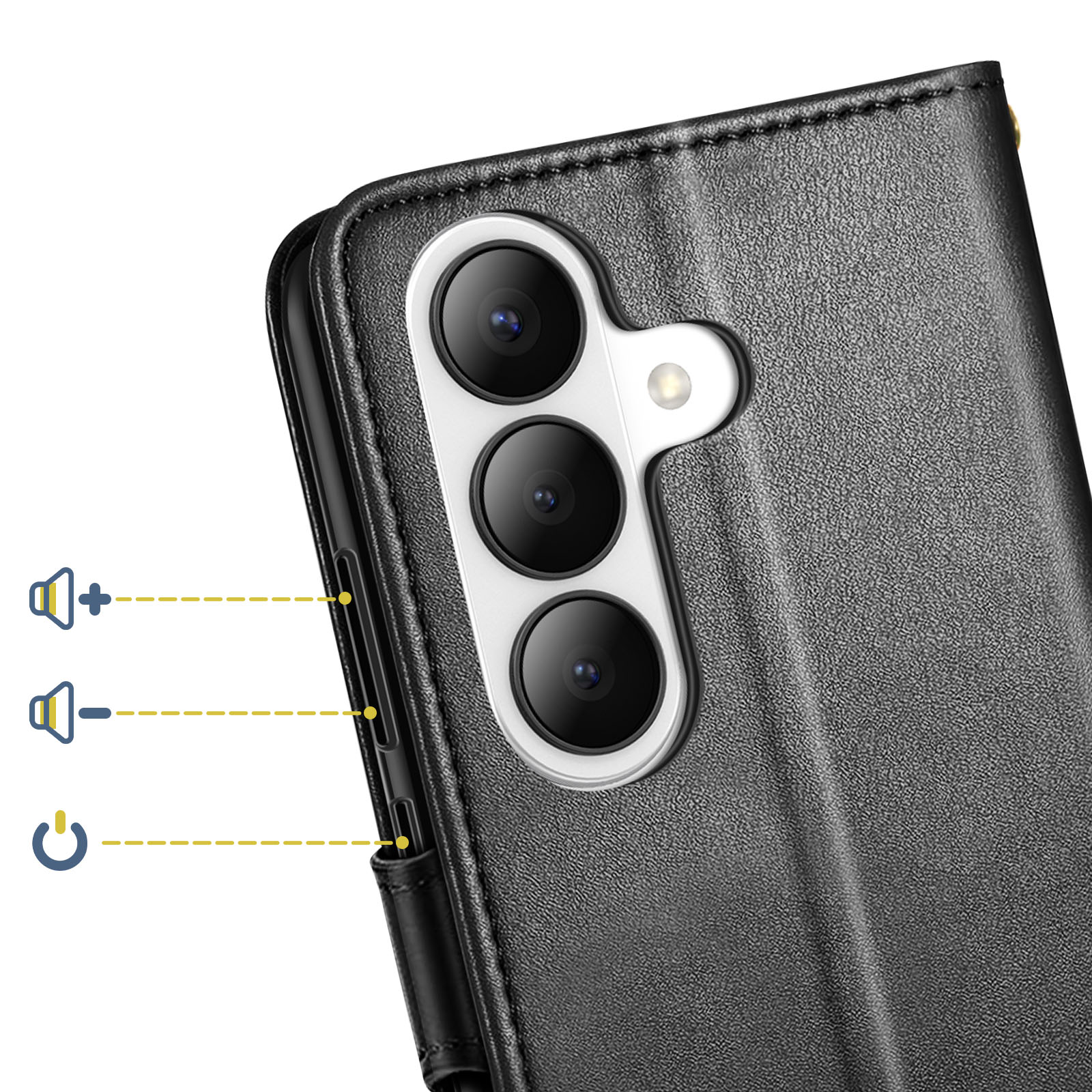 Custodia a libro nera per telefono con modulo fotocamera e tasti.