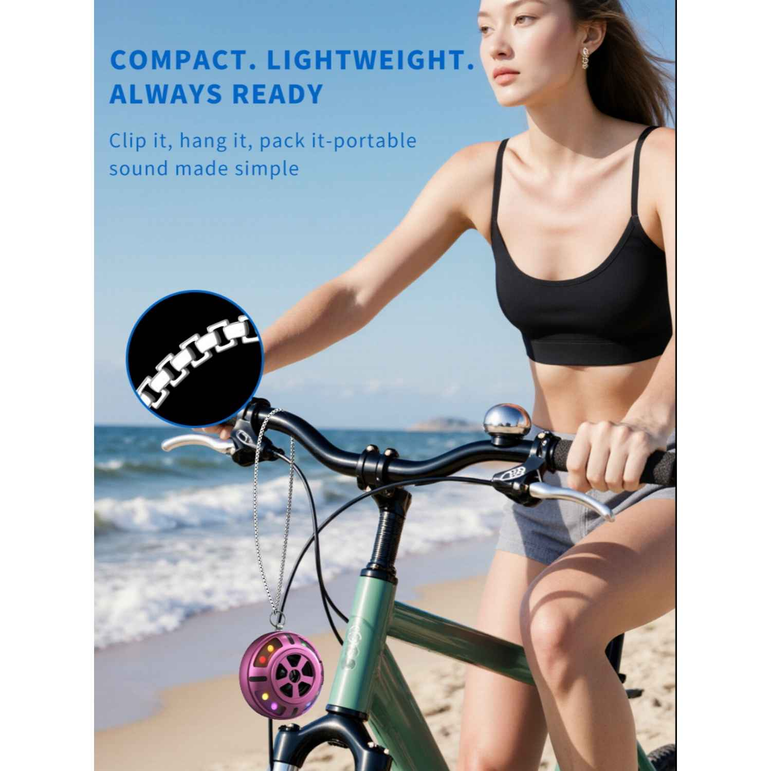 Frau auf Fahrrad am Strand, mit pinkem Lautsprecher am Lenker.