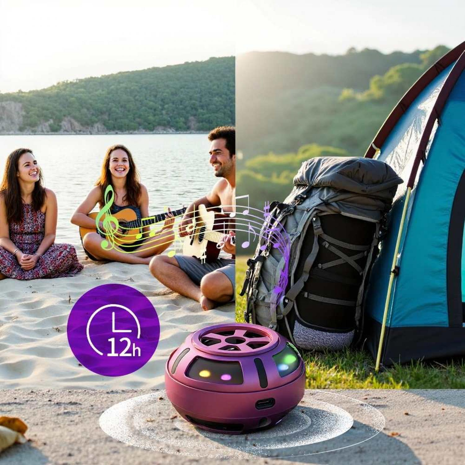 Freunde spielen Gitarre am Strand; Zelt und Rucksack im Gras.