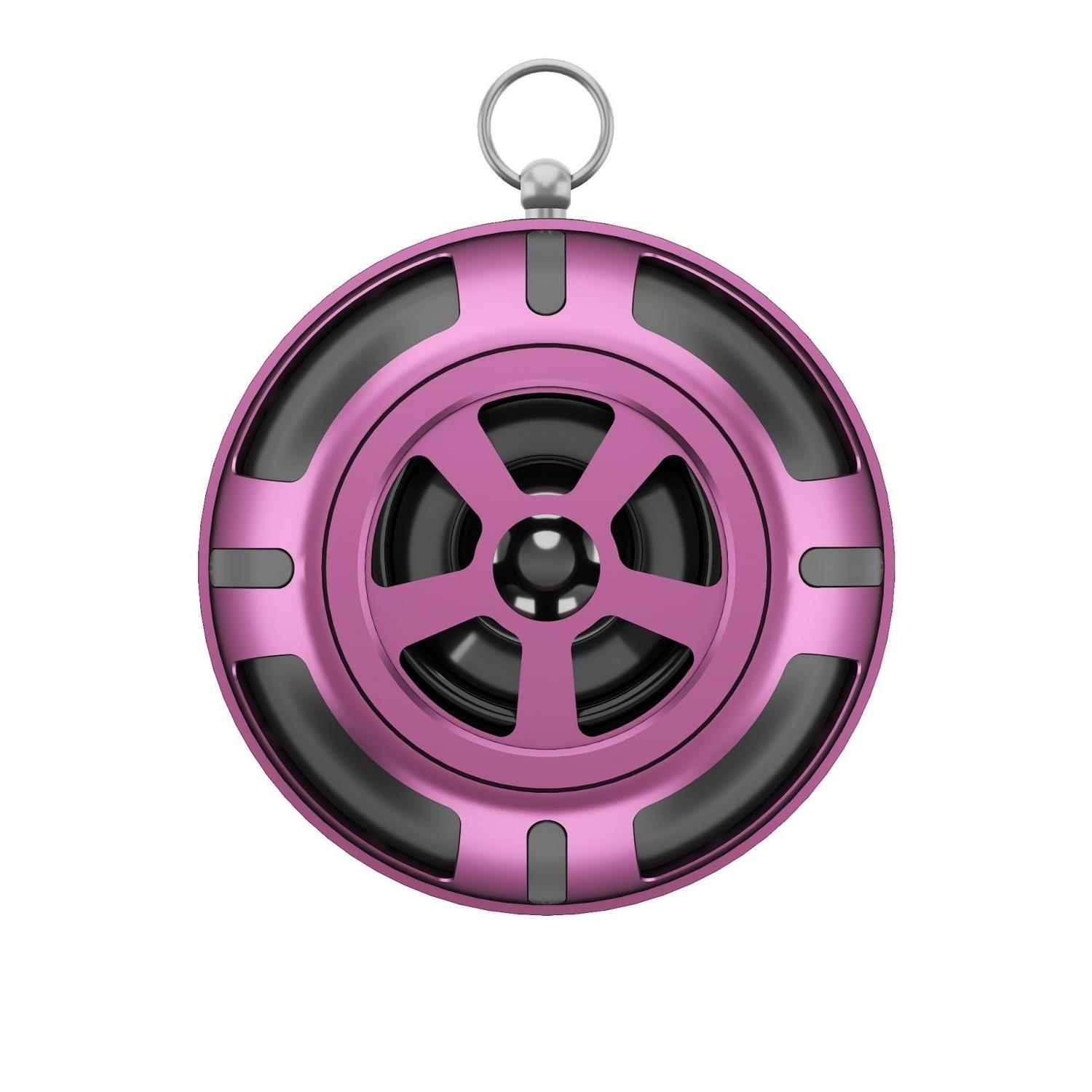 Ein runder, pinker Lautsprecher mit einem silbernen Ring oben.