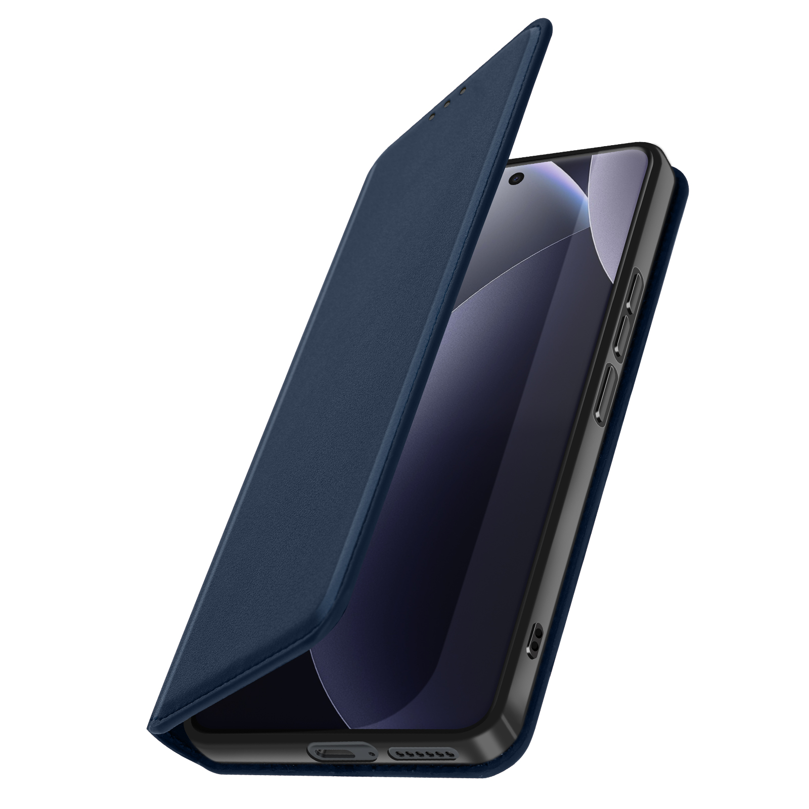 Custodia blu scuro per telefono, socchiusa, mostra display e pulsanti.