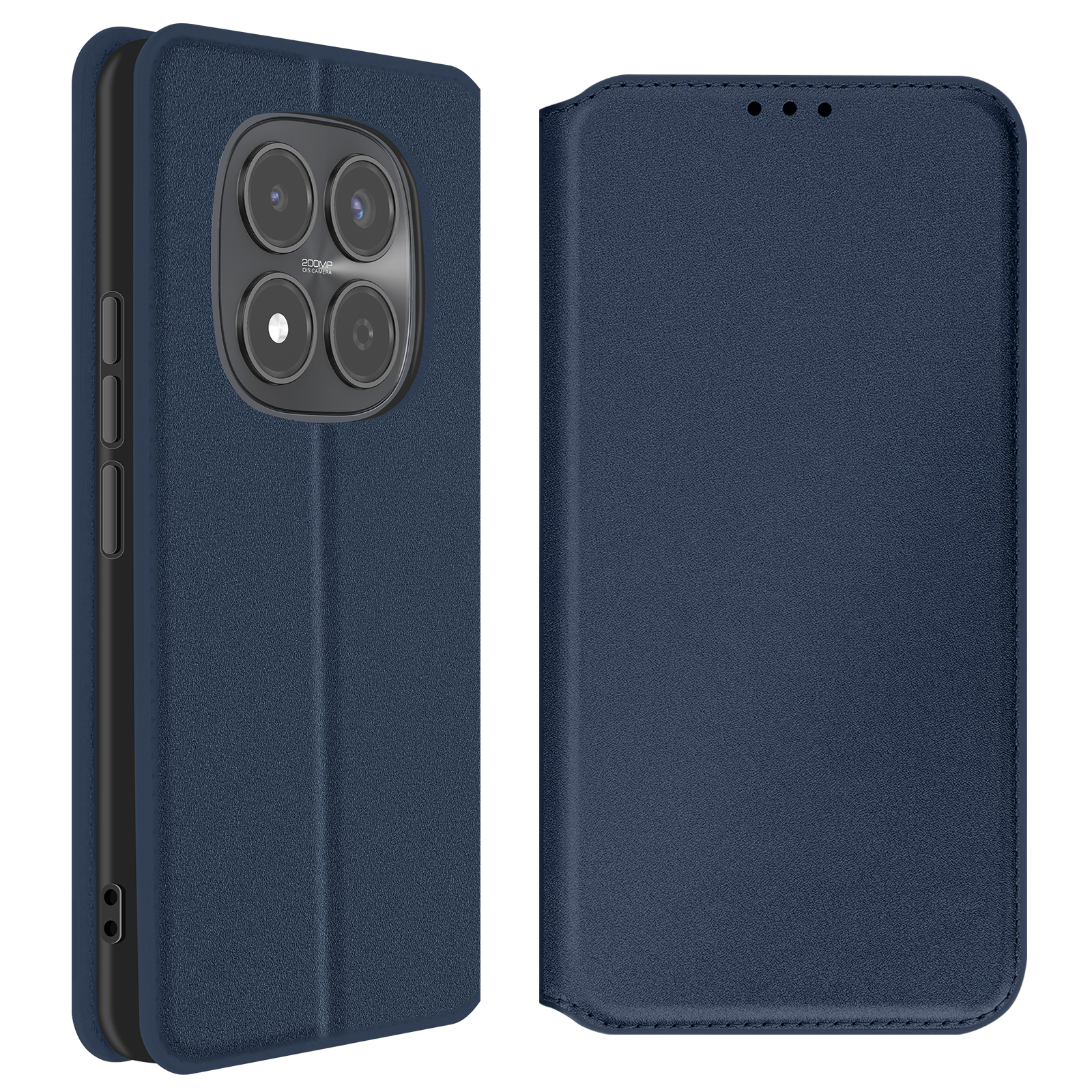 Custodia blu per telefono con obiettivi della fotocamera e pulsanti.