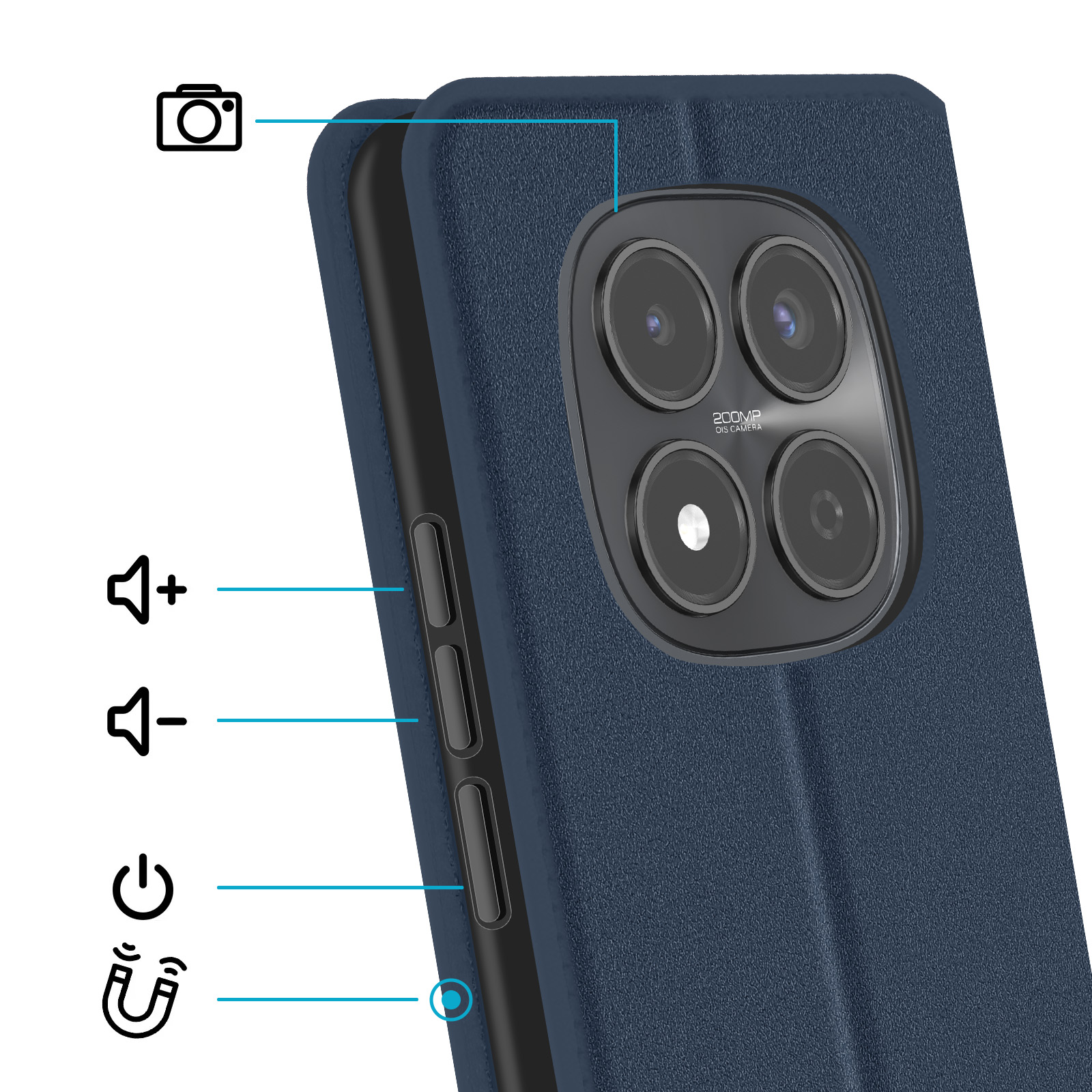 Telefono blu scuro con fotocamera quadrupla e tasti volume.