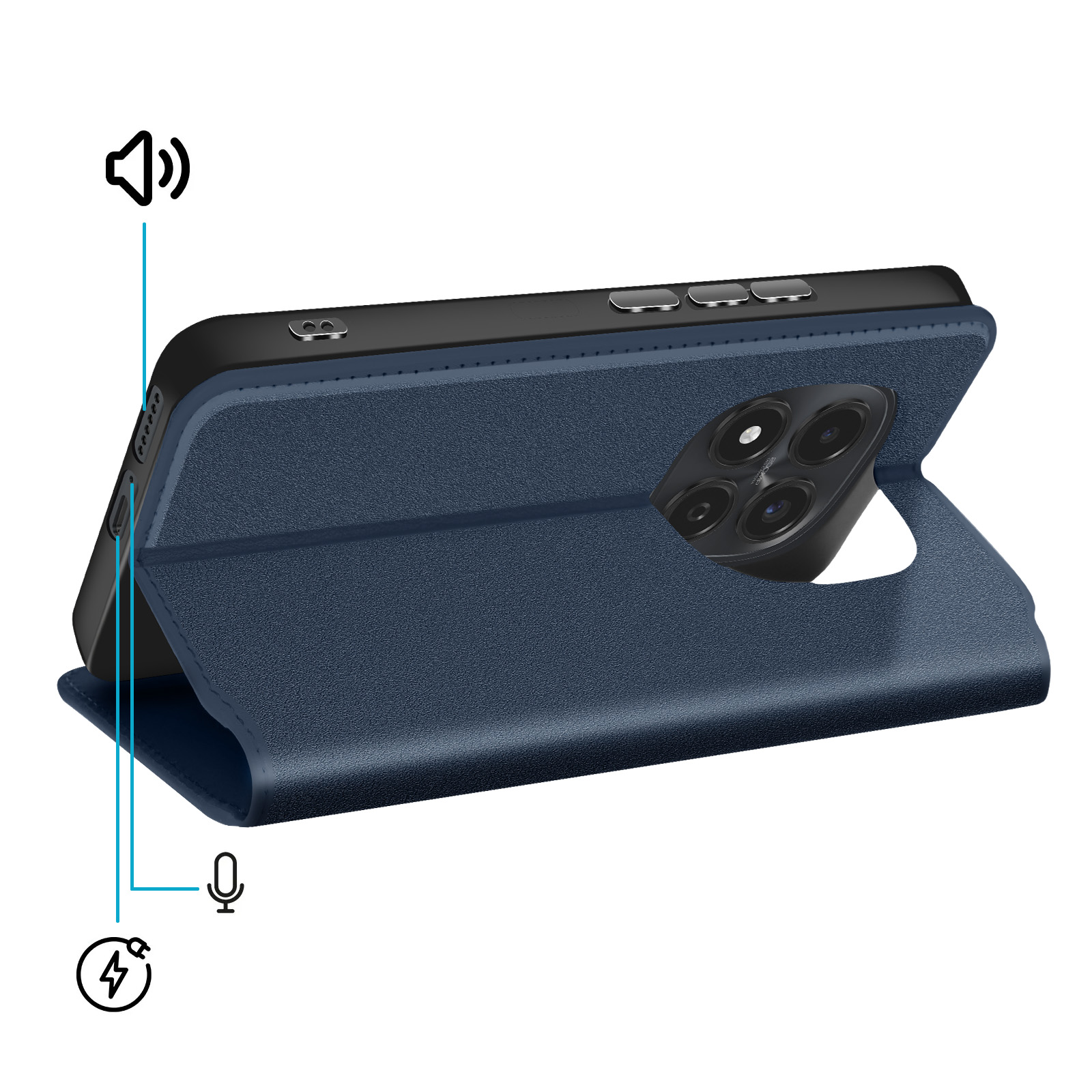 Un telefono blu con custodia a libro, mostra fotocamere e pulsanti.