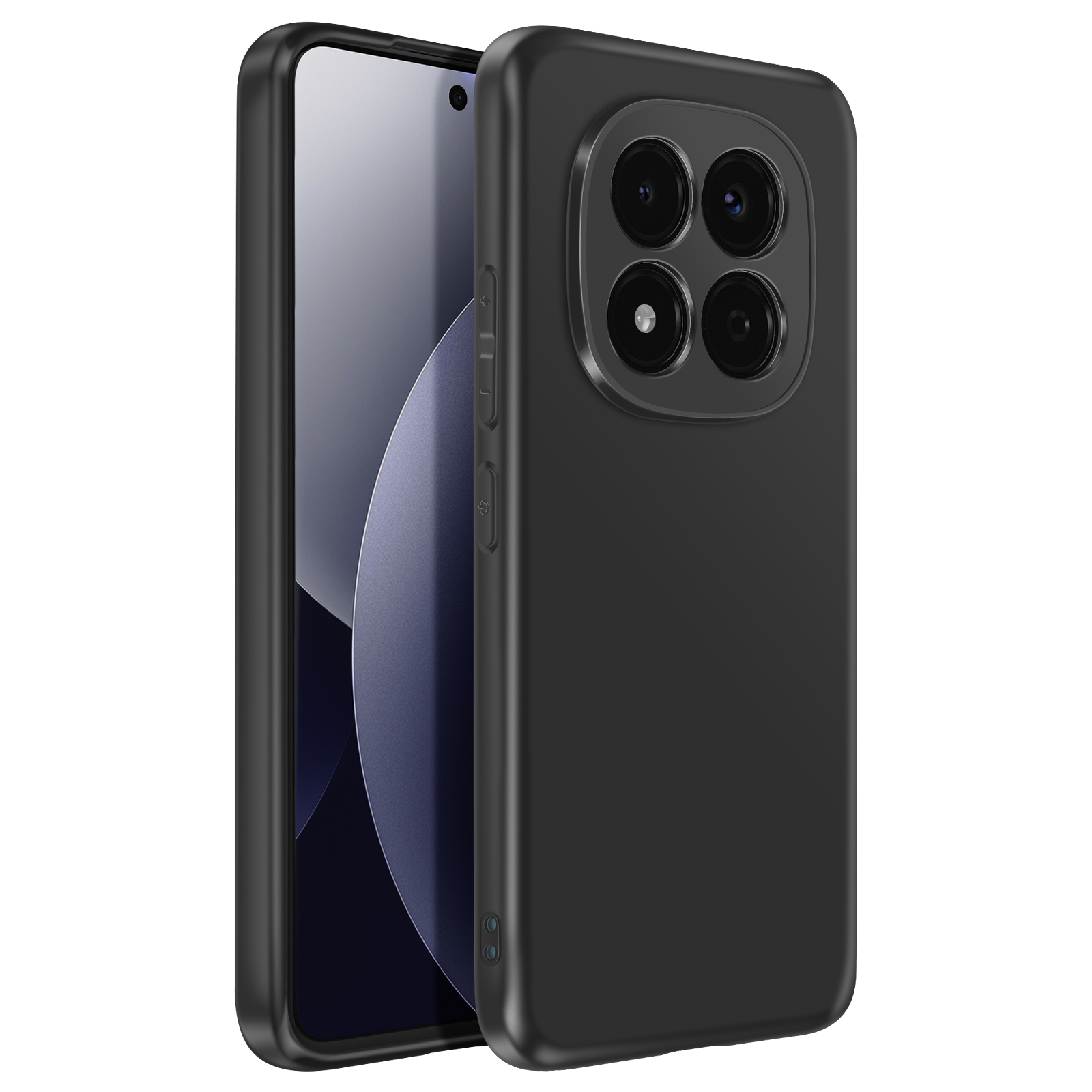 Telefono nero con quattro fotocamere posteriori e schermo grigio.